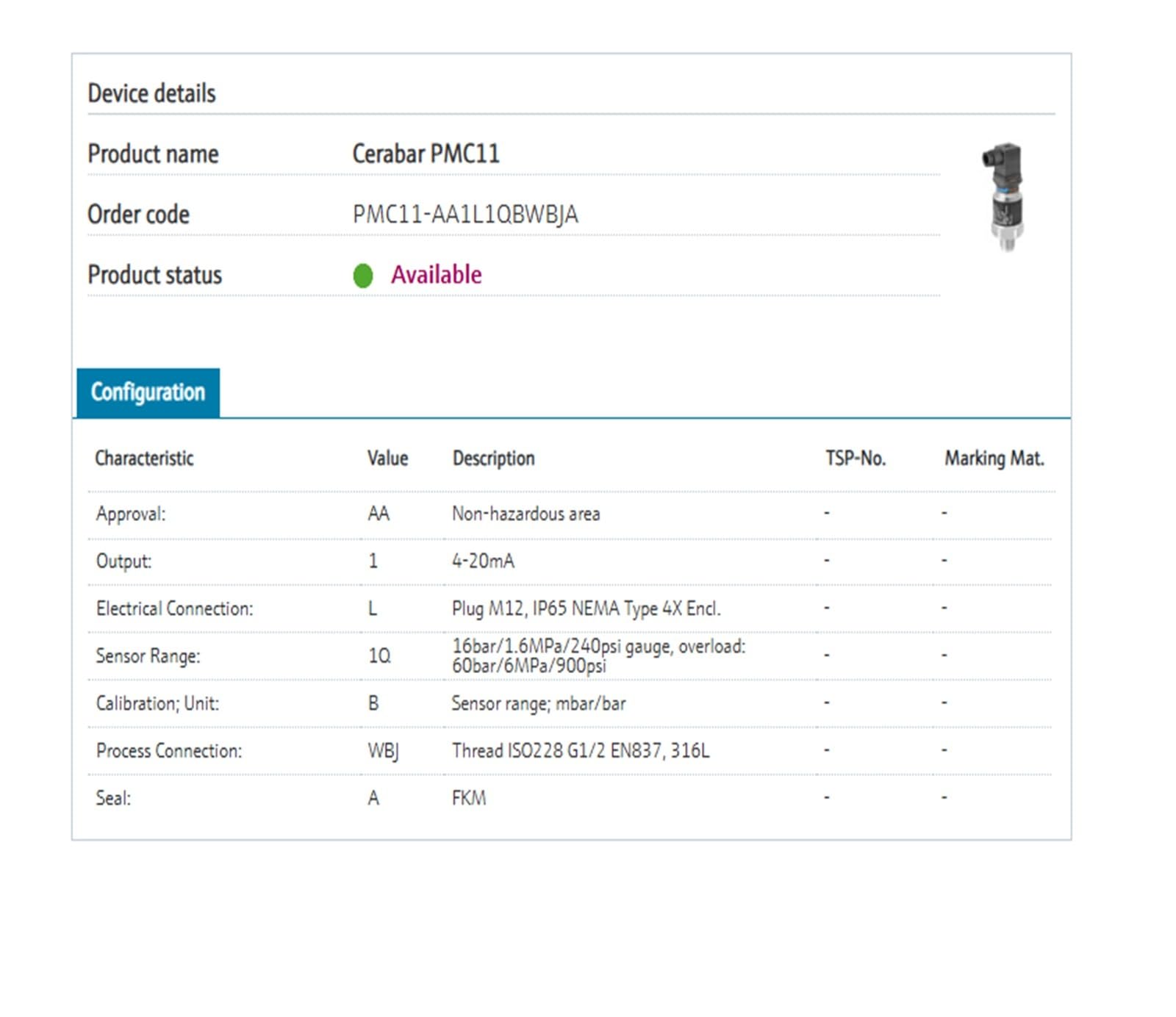 Pressure Transducer with Ceramic Sensor, PMC11-AA1L1QBWBJA, PMC11-1AC7/0