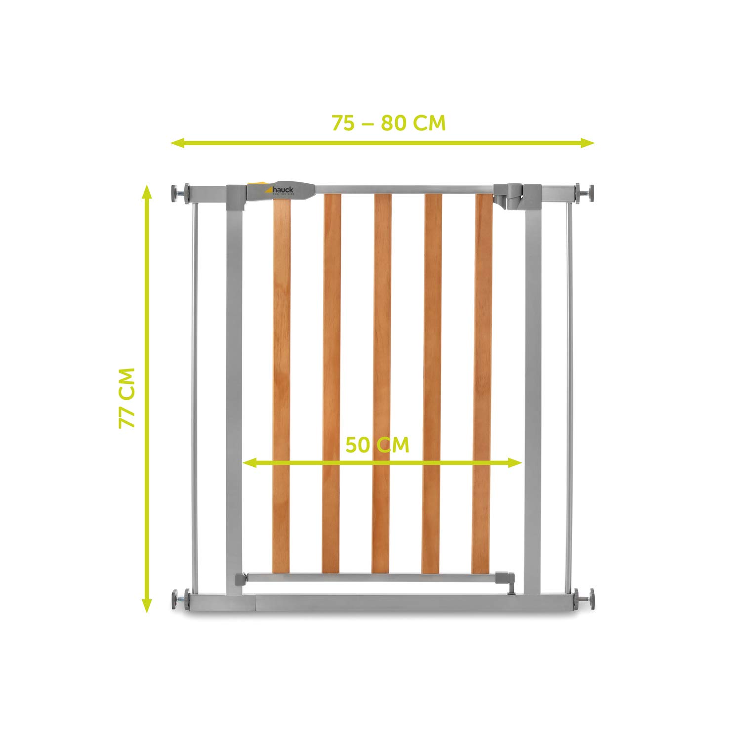 hauck Treppenschutzgitter / Türschutzgitter mit Holzoptik Woodlock 2 (Basisgitter ohne Verlängerung), für Breiten 75 - 80 cm, ohne Bohren, Einhändiges Öffnen, Beidseitig Schwenkbar, Metall (Silver)