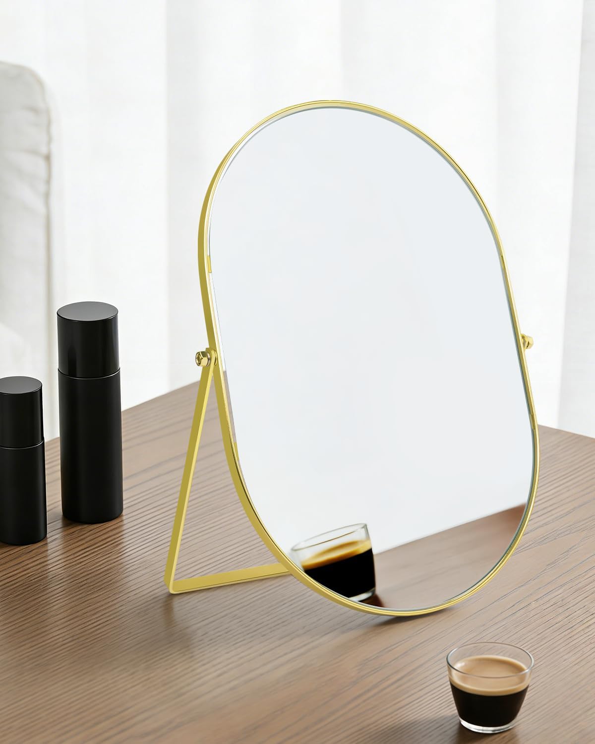 Vanity Desk Table Mirror, Adjustable Rotation Oval Tabletop Standing Makeup Mirror with Metal Framed for Living Room, Bedroom, Bathroom, Gold