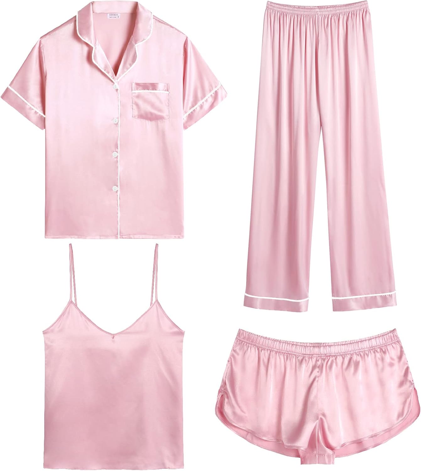 SWOMOG Womens Silk Satin Pajamas Sets 4pcs Sleepwear Sexy Cami Shorts Set and Button Down Short Sleeve Pjs Loungewear