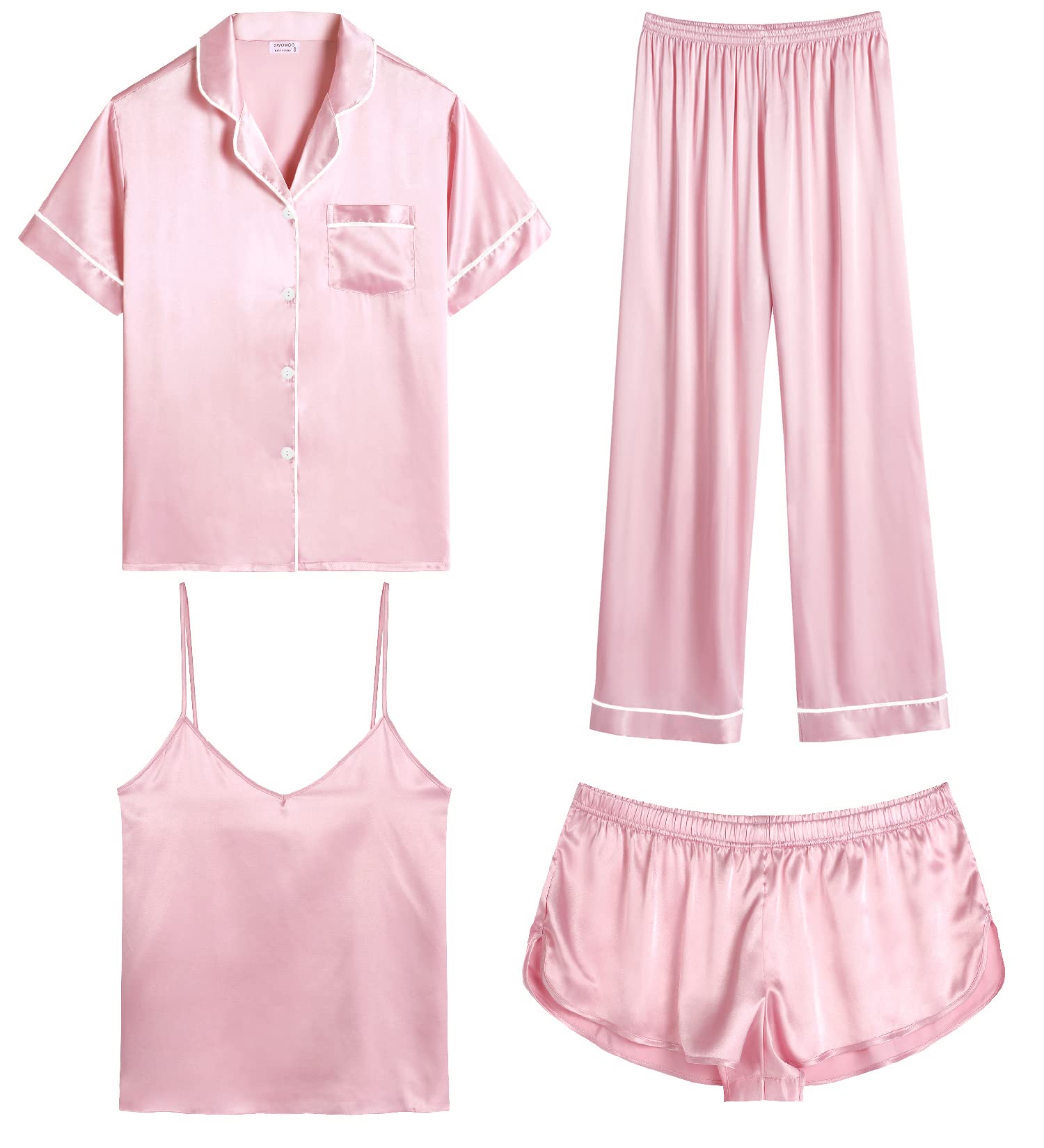 SWOMOG Womens Silk Satin Pajamas Sets 4pcs Sleepwear Sexy Cami Shorts Set and Button Down Short Sleeve Pjs Loungewear Pink White Piping Large