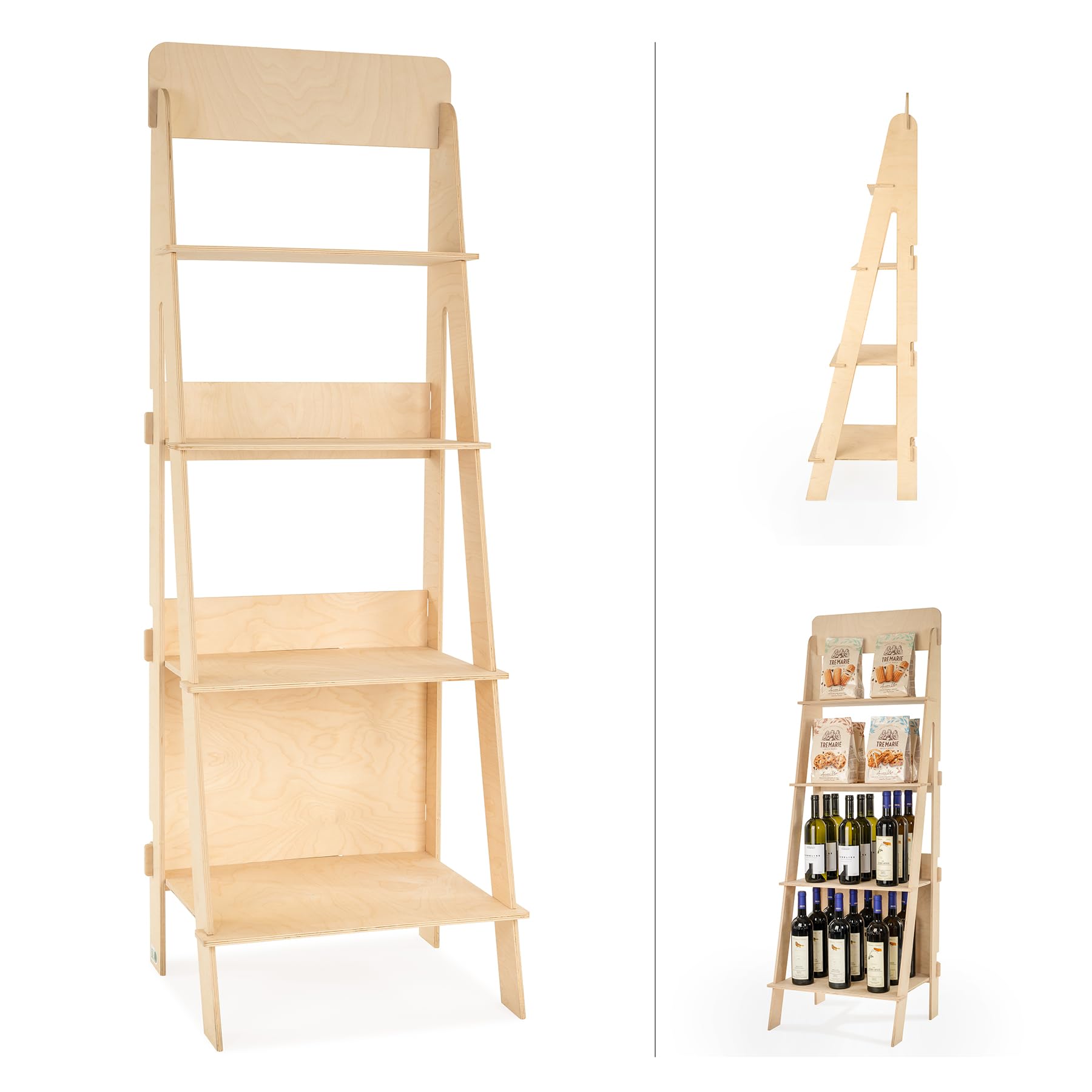 Expositor de Suelo, de Madera, Escalera, fácil Montaje enclavado, 4 estantes, Natural y sostenible, H. 144 cm