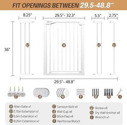 Miniatura 6 de Puerta de bebé extra alta y ancha de 36 pulgadas para puertas de escaleras, puerta de metal para mascotas montada a presión con doble cerradura de