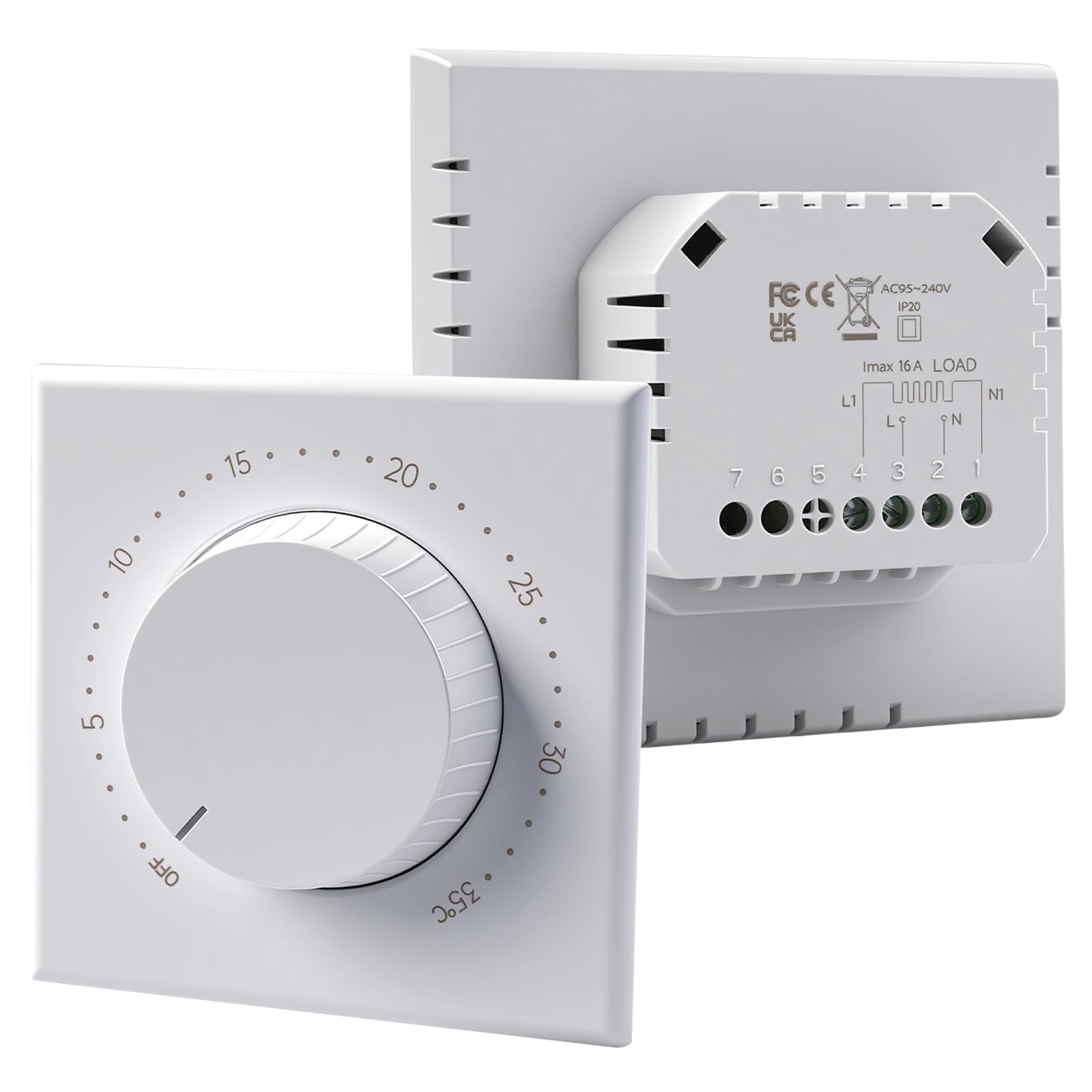 Jadeshay Thermostat de Chauffage Mécaniques pour Électriques Chauffage au Sol 16A Régulateur de Température avec Sonde Intégrée Bouton pour Chauffage et Climatisation 0-35 °C Blanc