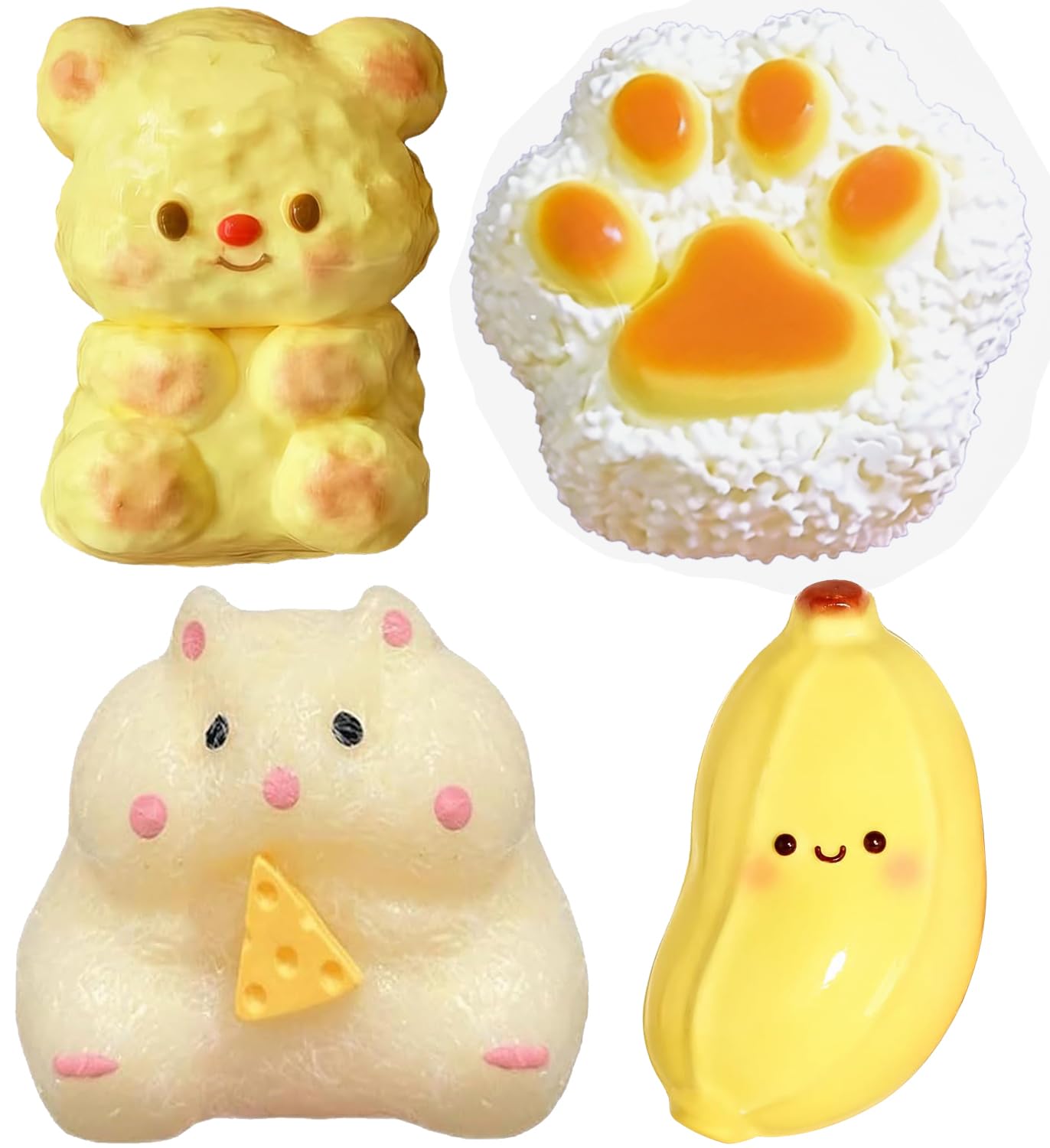 4pcs Mini Squishy Toys Set, Cute Soft Stress Relief Toys, Mochi Squishy Stress Ball, Butter Bear Cat Paw Hamster Banana, Sensory Play Fidget, for Stress Relief Anxiety Relaxation, Party Favors Decor-B