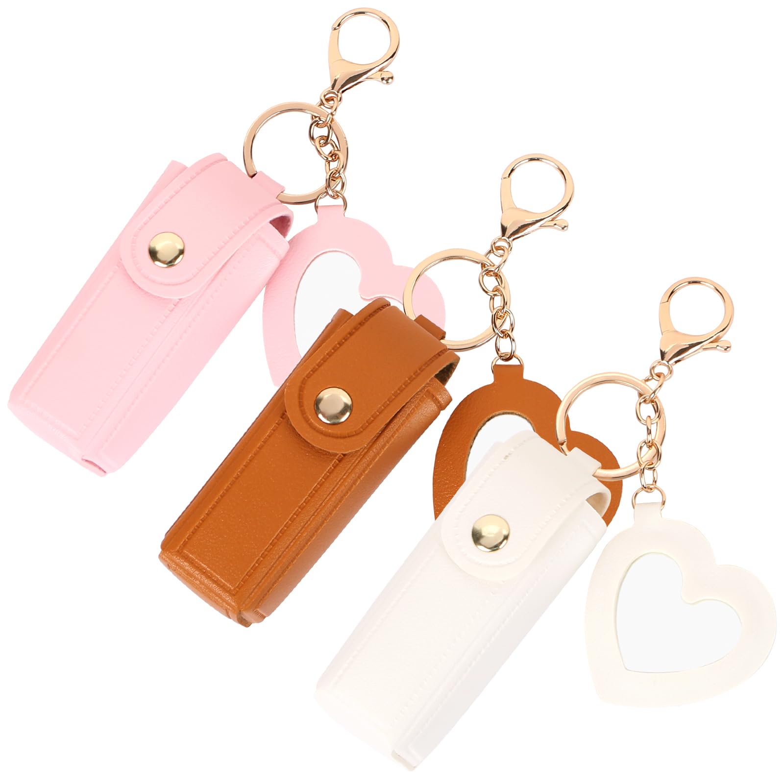 Gigczicw 3 Pcs PU Leather Lipstick Holder Keychain, Lip Balm Holder with Mirror, Portable Lipstick Pouchwith Clip，Travel Storage Cases for Women