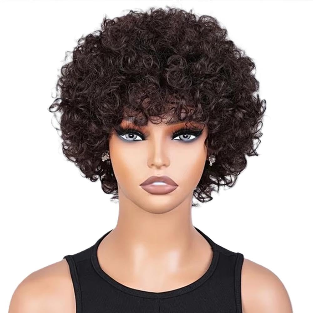 Haarpflege Kurze Afro Perücke Aus Echthaar Mit Lockigem Bob Und Pony Für Frauen Tragen Sie Natürliches Braun