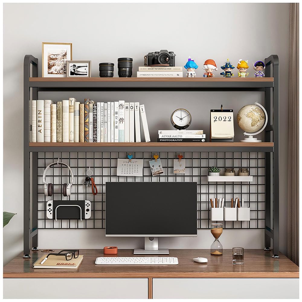 W WWEENUO Desktop Hutch Bookshelf, 2-Tier Metal Desk Shelf with Grid Panel, Wooden Desktop Display Rack for Computer Monitor, Countertop Storage