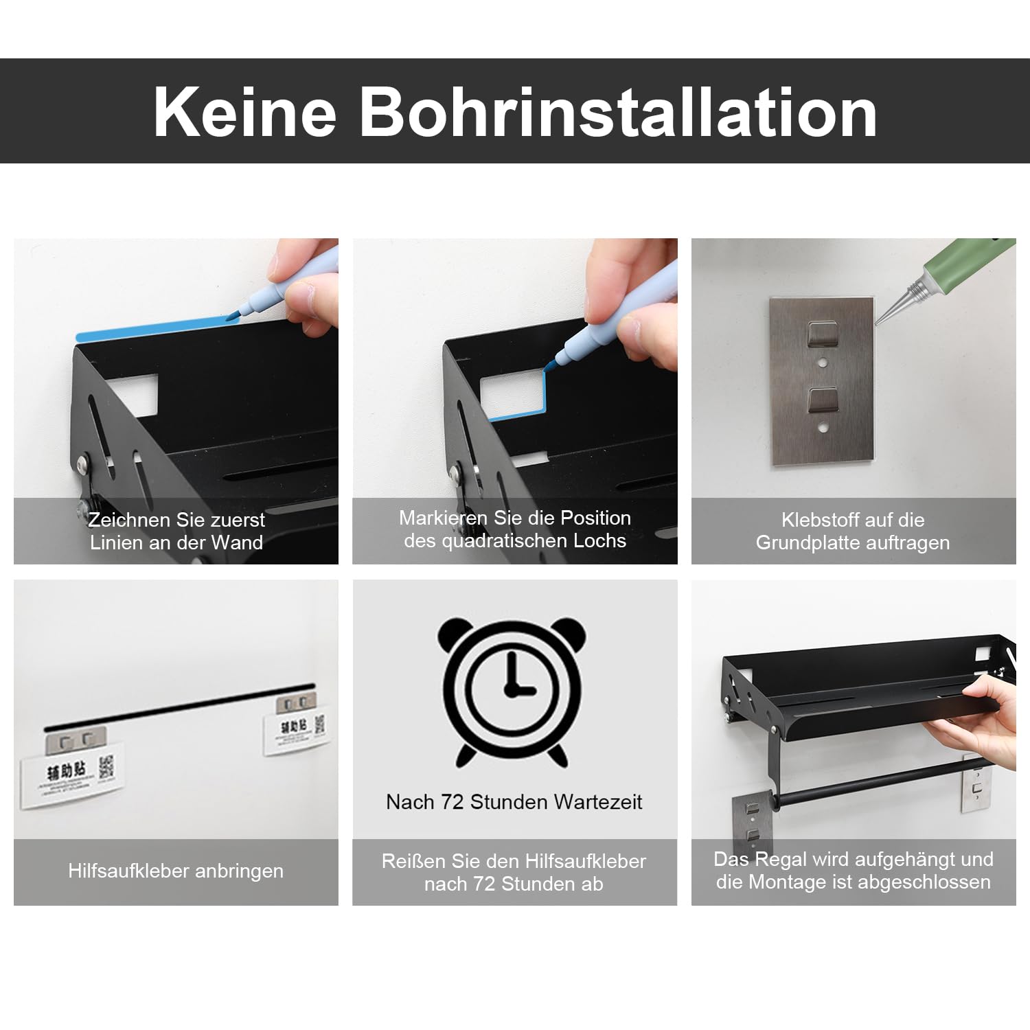 Gewürzregale Wand, Gewürzregal mit Küchenrollenhalter und 8 Haken, 40cm Gewürzregal Hängend, Küchenregal Ohne Bohren aus Edelstahl, Küchen Gewürzregale für Küchen und Bad Organizer, Schwarz(R05)