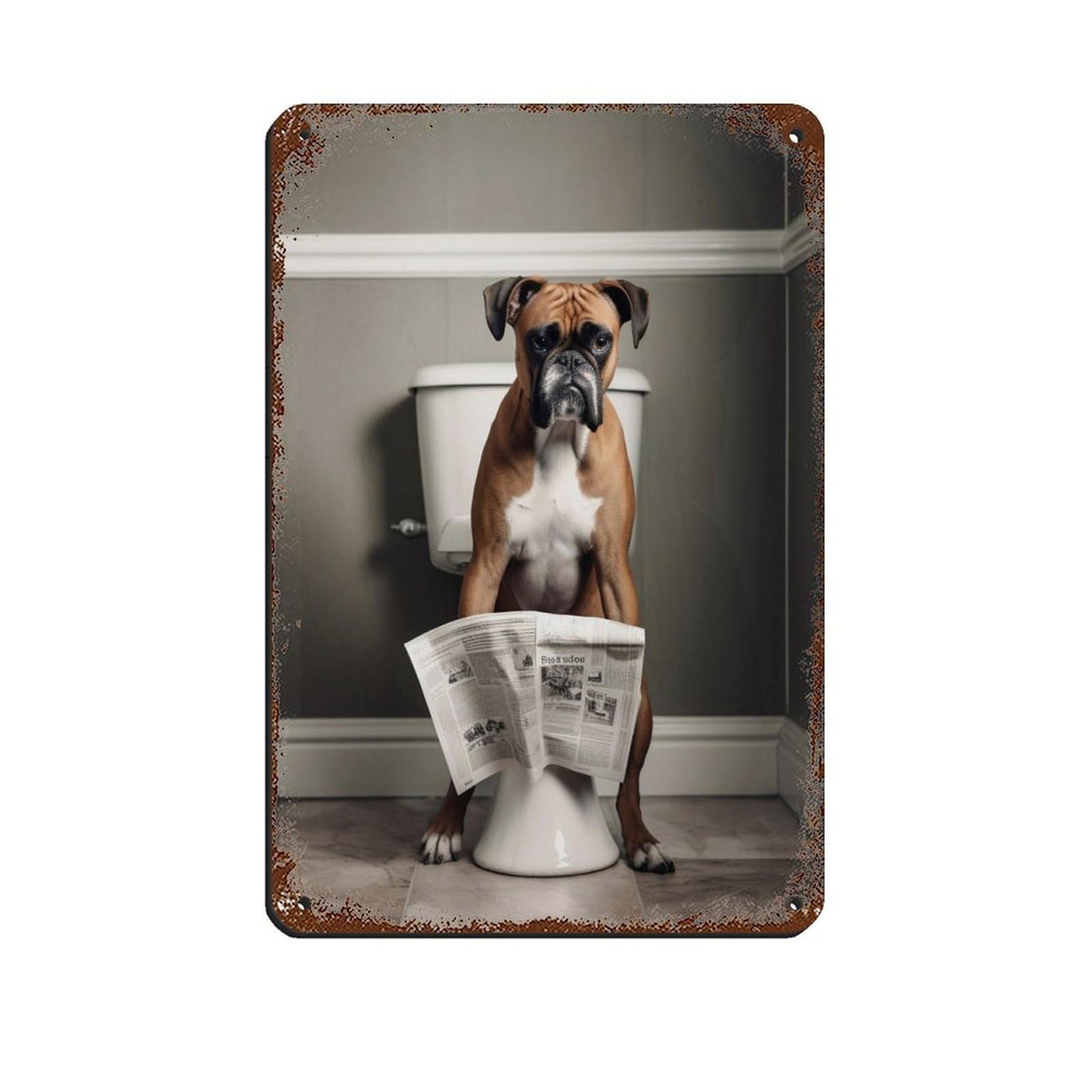 Boxer Dog on Toilet Reading The Newspaper Tin Sign Vintage Metal Pub Club Cafe Bar Home Wall Art Decoration Poster Retro 8x12inch(20x30cm)