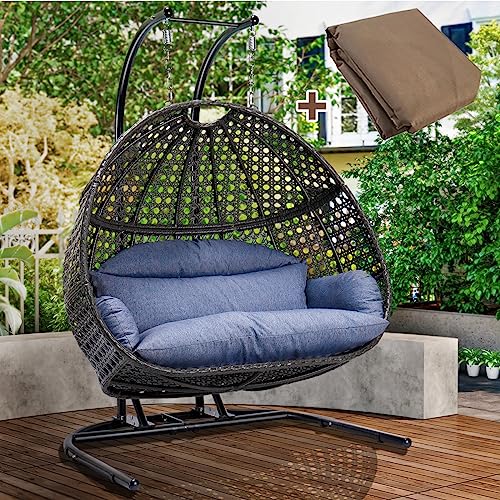 2 Person Swing Chair with Stand, X-Large Wicker Rattan Hanging Egg Chair Loveseat Chair with Cushion and Cover for Indoor Outdoor Bedroom Patio Garden (Black Frame + Dusty Blue Cushion)
