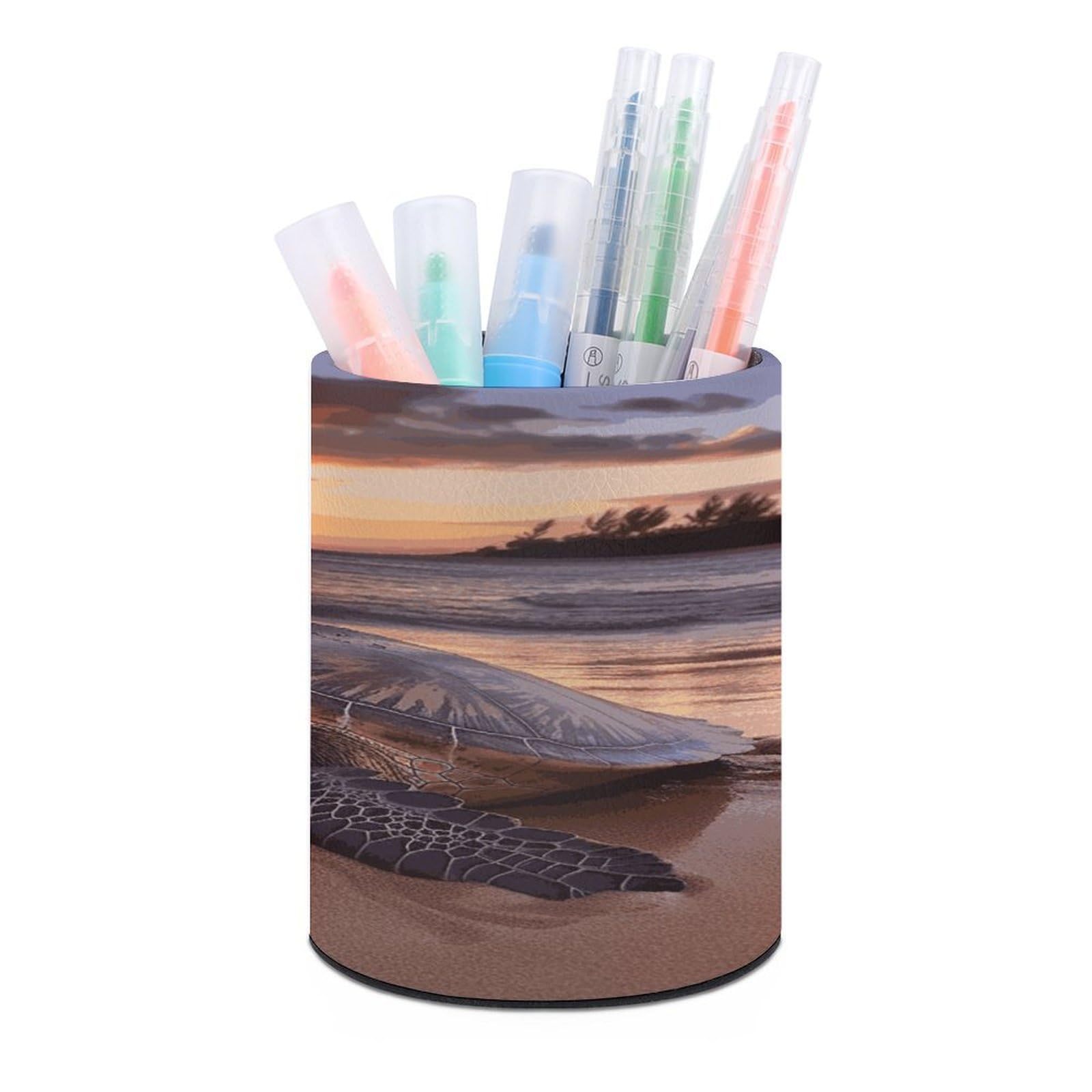 LDGSUPH Sea Turtle Sunset Round Pen Holder Leather Pen Cup Pencil Cup Pen Organizer Pencil Holder for Desk Organizer Pencil Organizers Makeup Brush Holders for Home Office Gift