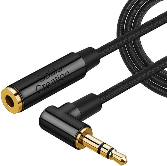 CableCreation 3.5mm Headphone Extension Cable, 1.8M Right Angle 3.5mm Male to Female Audio Stereo Cable with Silver-Plating Copper Compatible with iPhones, iPad, Sony Beats, PS4, Black,6FT/180CM