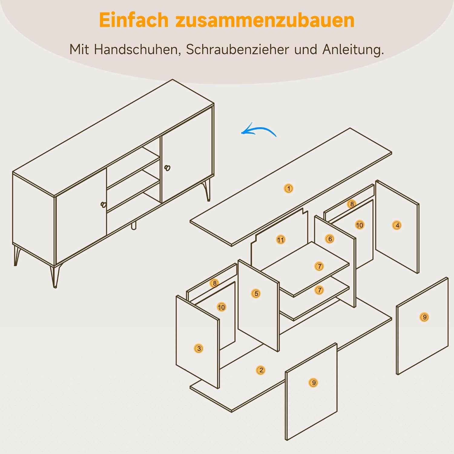 SONNI TV-Schrank, Fernsehtisch, Fernsehregal, Lowboard für Fernseher 60 Zoll mit 2 Schränken, 3 offenen Fächern, 2 Kabellöchern, Metallfüßen, für Wohnzimmer, Esszimmer und Schlafzimmer 135 x 35 x 70cm