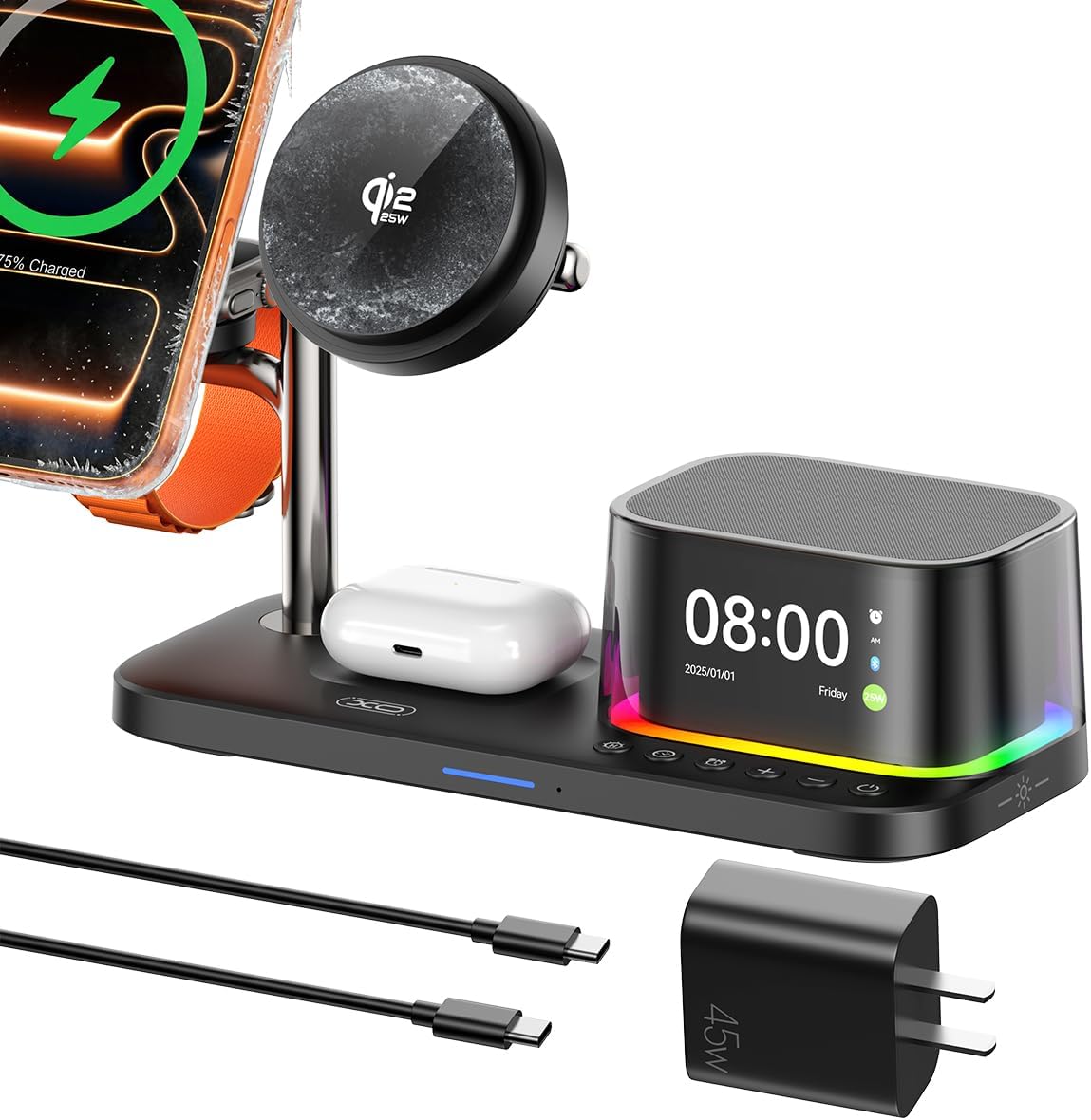 QI2.2 Charging Station for Apple Device【 25W Fast Charging+Cooling Fan】 5in1 Magnetic Wireless Charger with Speaker and Alarm Compatible with iPhone/Watch/AirPod (45W Adapters Included) Black