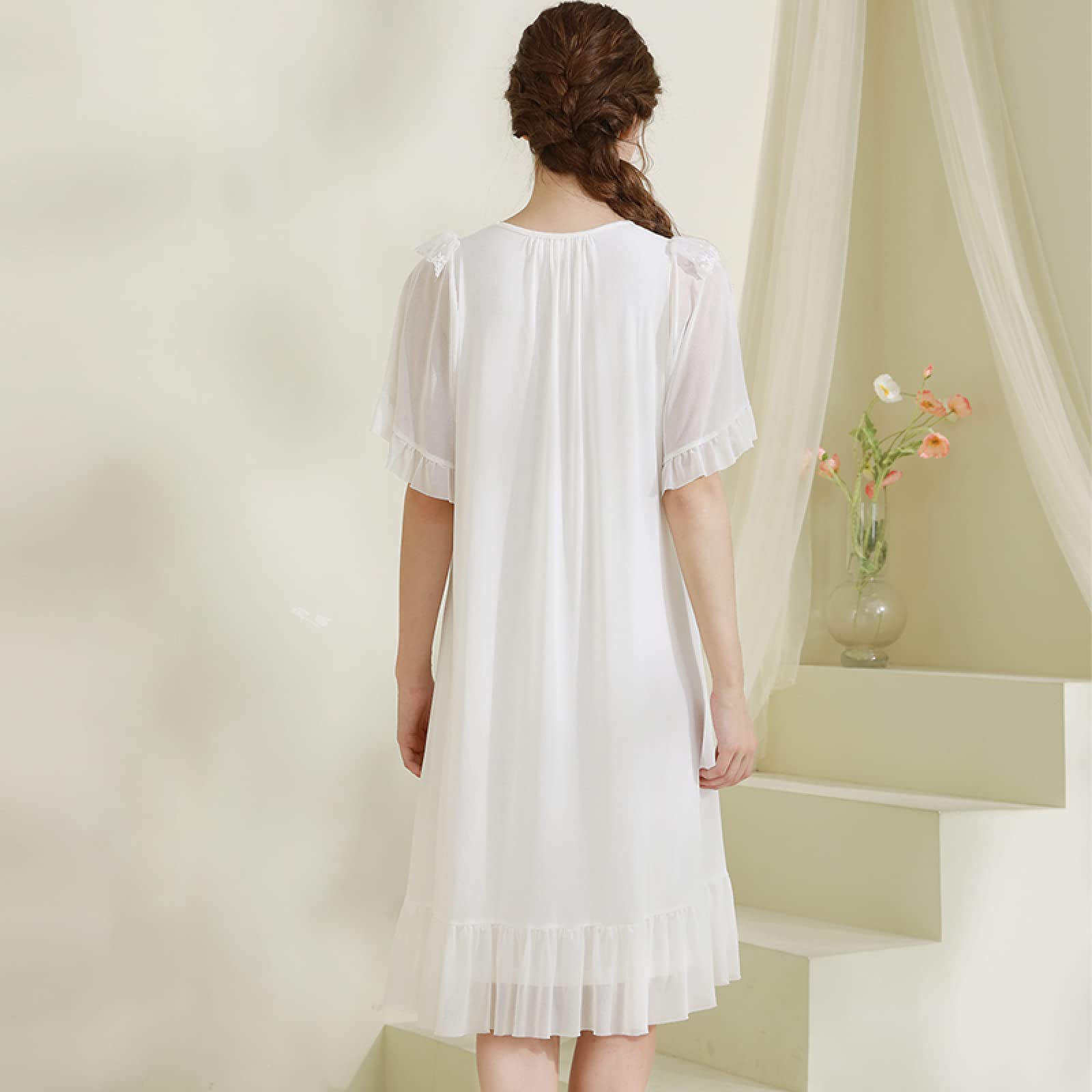 OFFSUM Camisón De Pijama De Mujer - Camisón De Princesa De Color Sólido Camisón De Verano con Lazo De Malla De Encaje Camisón De Dos Pisos Elegante Bordado Ropa De Casa Lencería
