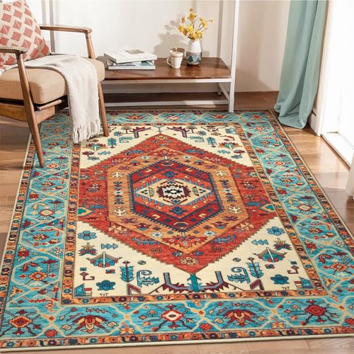 SERISSA Boho Area Rug 5x7 Orange, Washable Large Rugs for Living Room, Ultra Soft Non-Slip Bedroom Rug Print Distressed Vintage Tribal Farmhouse Carpet Rug for Dining Room Dorm Office Home Decor