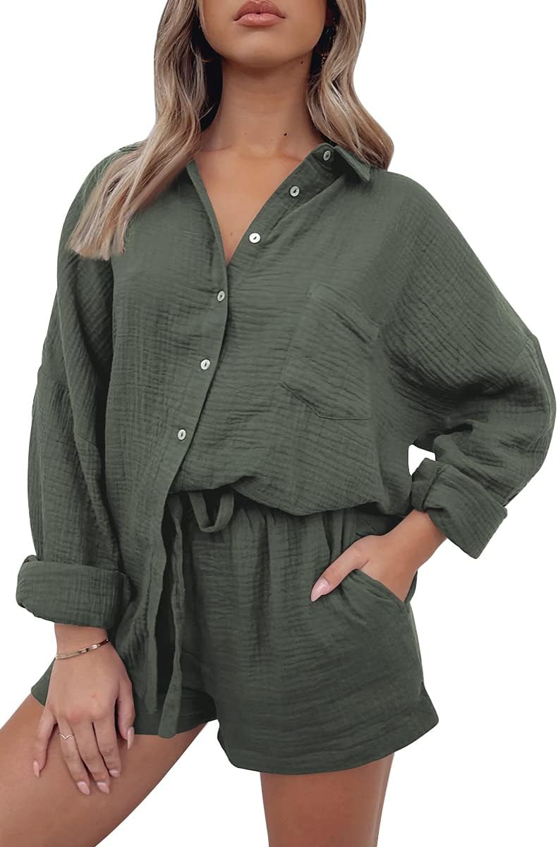 AUTOMET 2 Piece Sets For Women Lounge Wear Matching Two Piece Pajama Fashion Oversized Shirts And Shorts Spring Outfit 2025