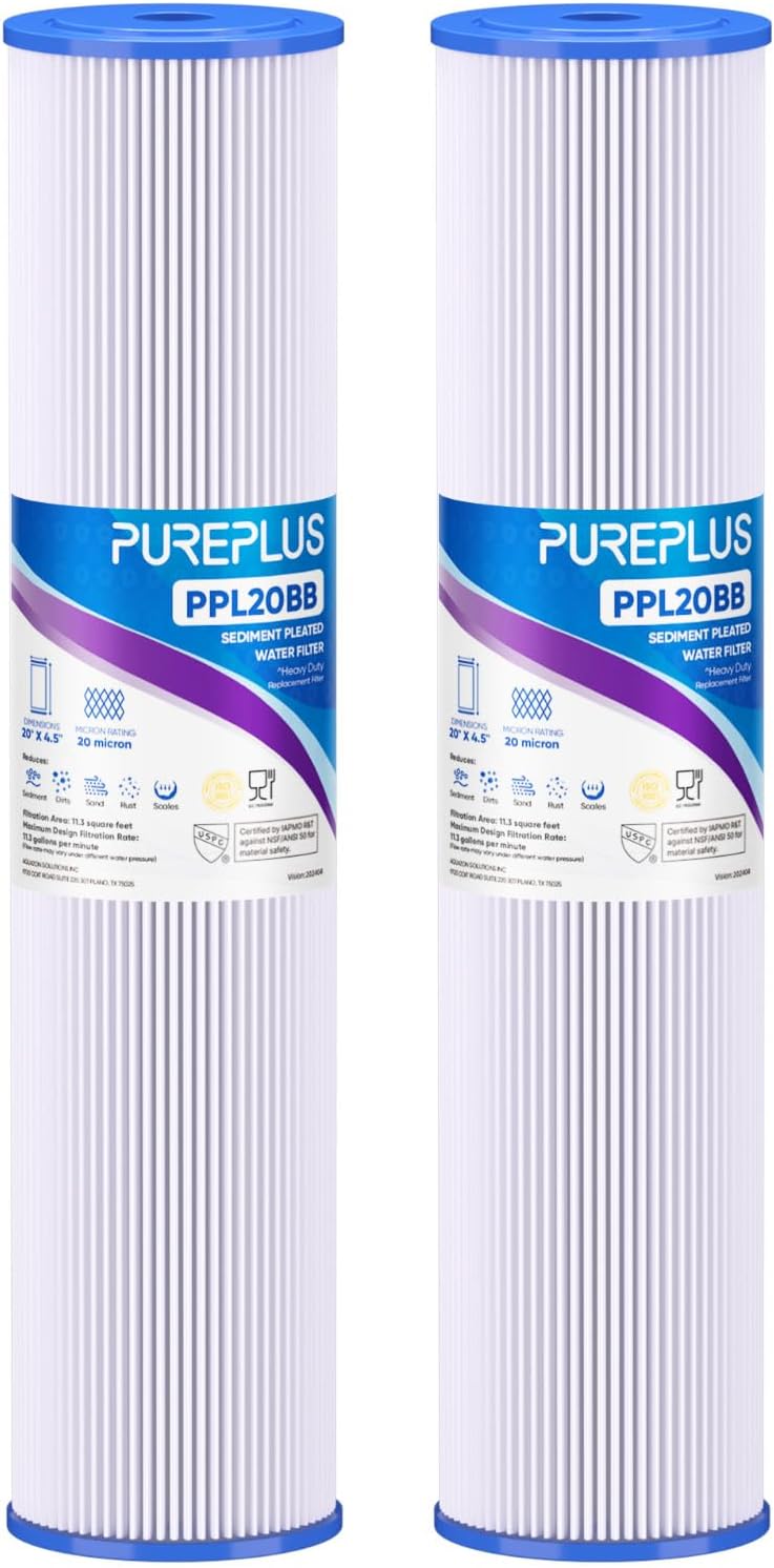 PUREPLUS 20" x 4.5" Whole House Pleated Sediment Filter for Well Water, Replacement Cartridge for ECP5-BB, AP810-2, HDC3001, SPC-45-1005, CP5-BB, ECP1-20BB, 2Pack 20 Micron 2 Count (Pack of 1)