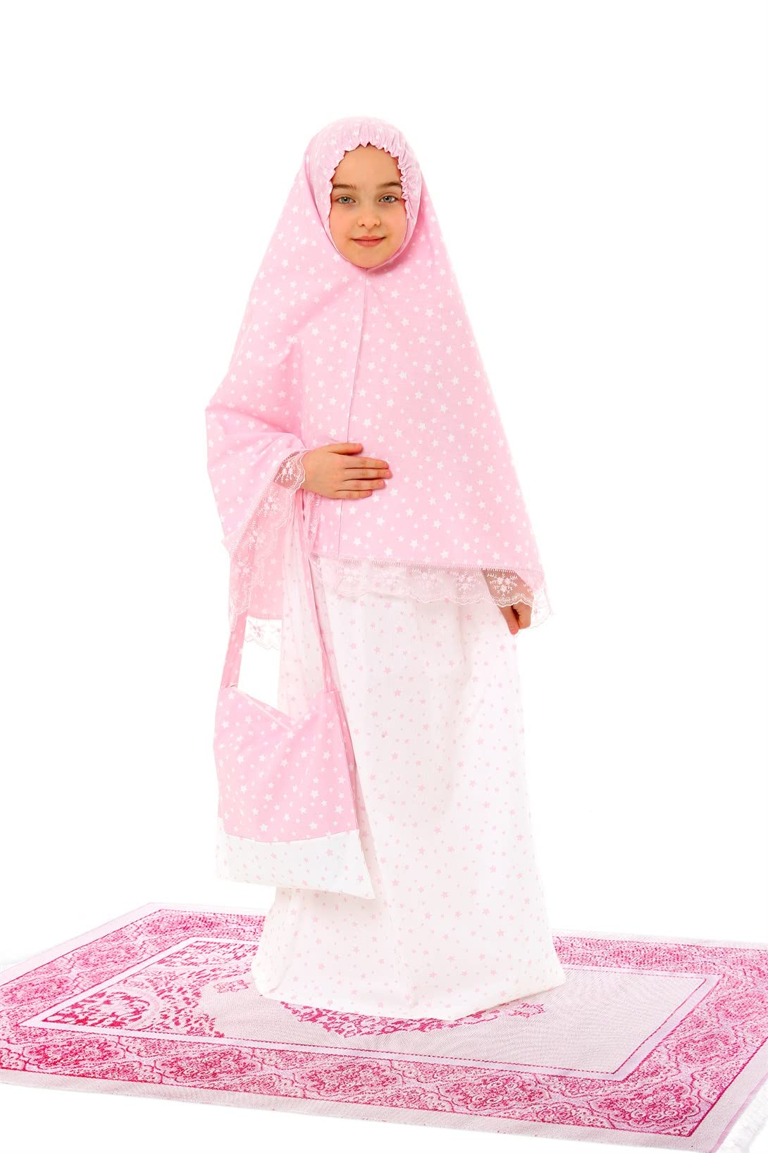 Elanesa Girls prayer clothes kids Islamic clothing 4 piece set prayer clothes skirt dress with a head scarf, prayer mat - Image 2