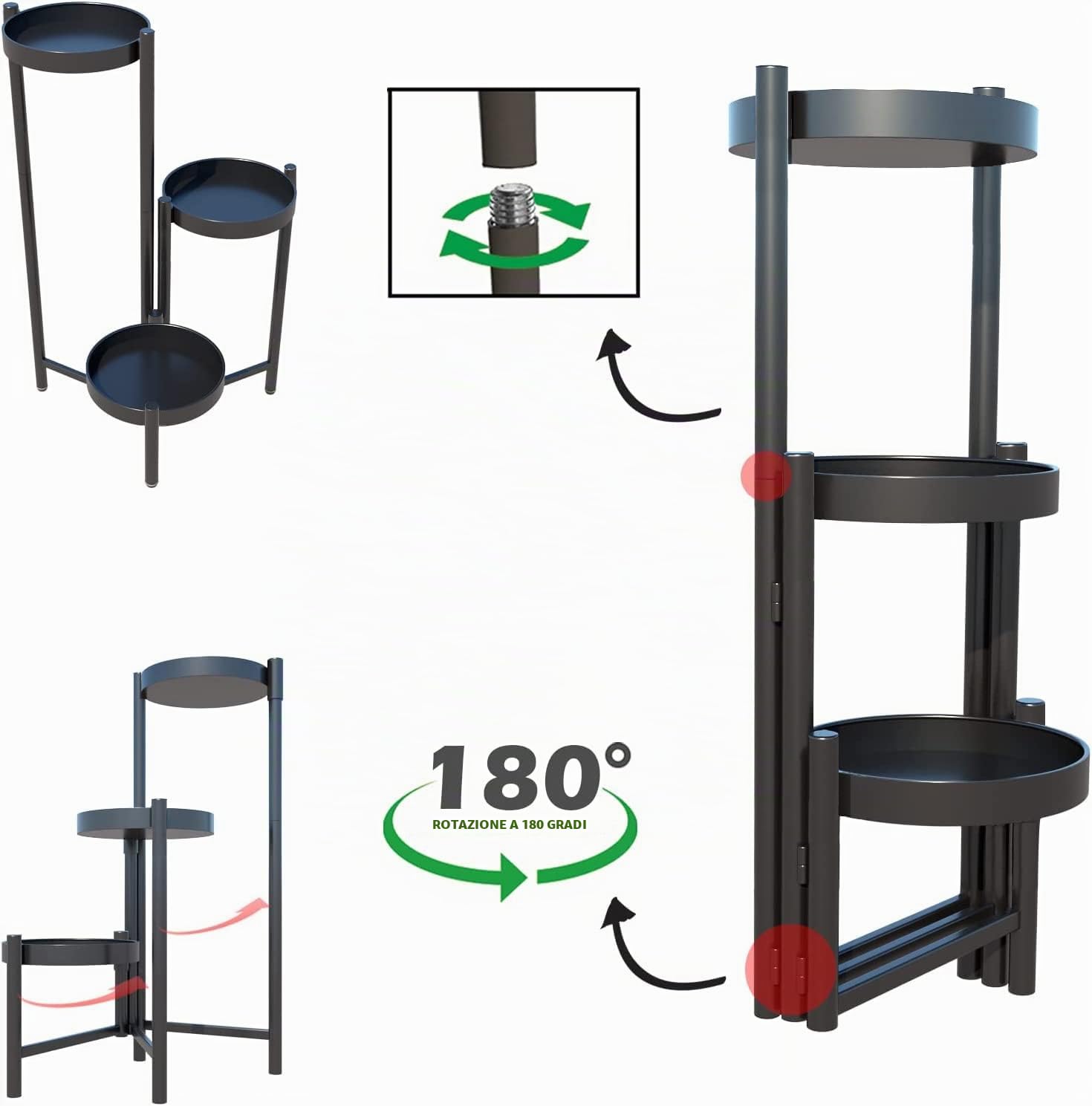 MUAEEOK Supporto per piante in metallo, per interni ed esterni, altezza 42 cm, 3 ripiani, resistente, organizer per vasi da fiori in ferro battuto, espositore angolare verticale per giardino