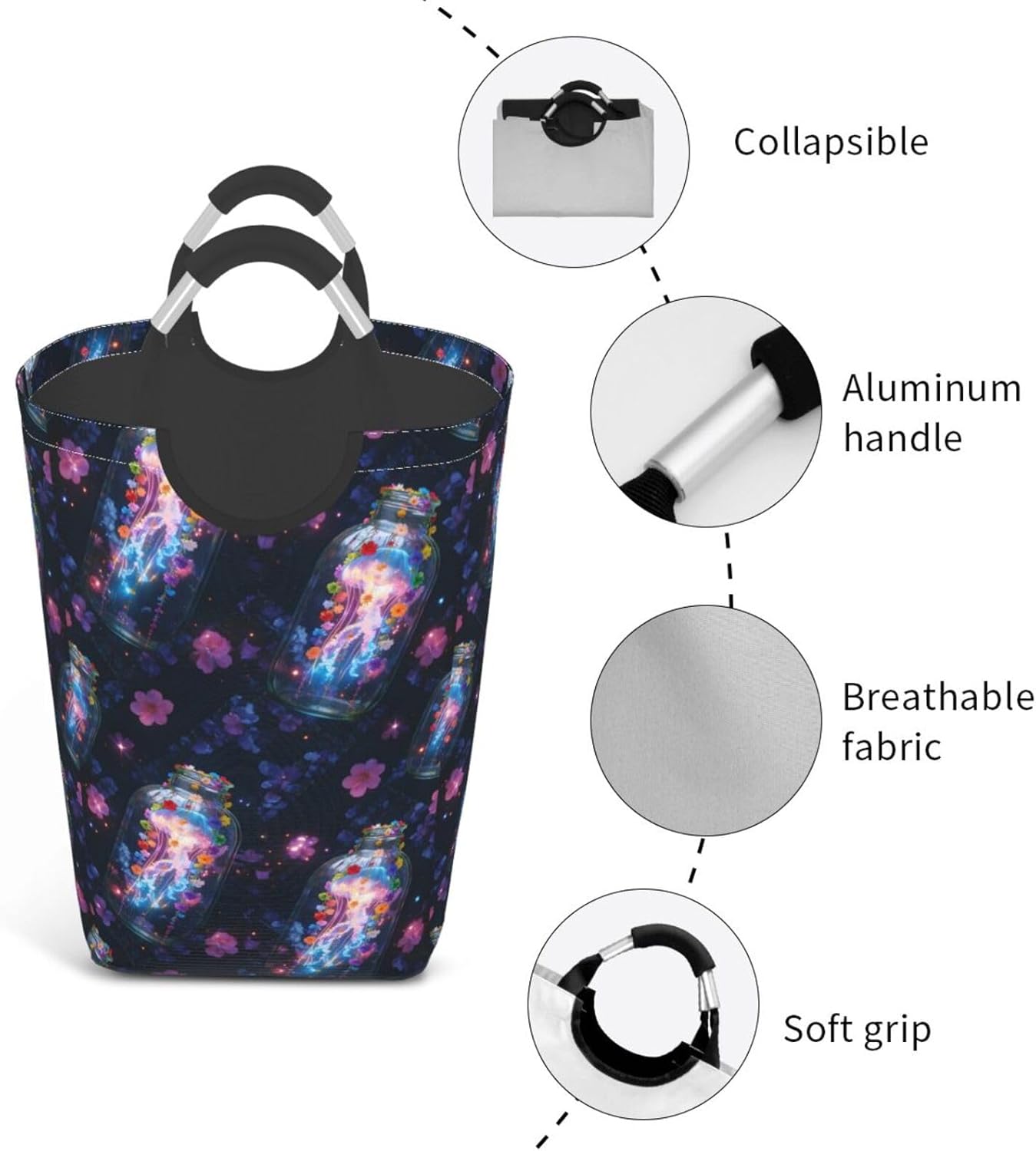 Nocturnal Bloom Foldable Dirty Laundry Bag, Waterproof Oxford Fabric With Pe Board Base, 50l Capacity For Home & Travel