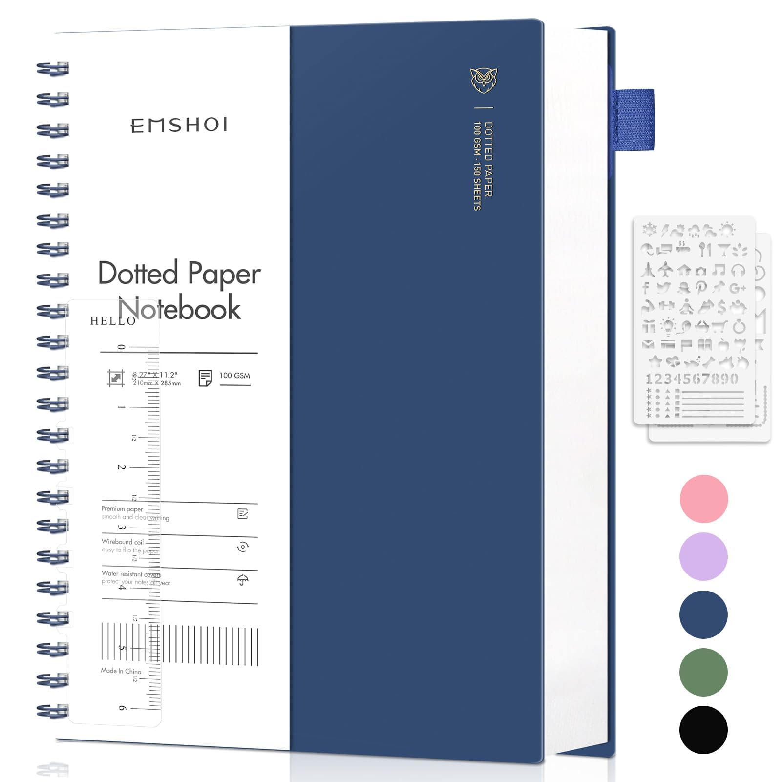 EMSHOI Cuaderno A4 con puntos, cuaderno en espiral, 300 páginas/150 hojas, papel grueso de 100 g/m², tapa dura de PVC, para mujer, hombre, oficina, escuela, escritura, 21,5 x 27,9 cm, color azul