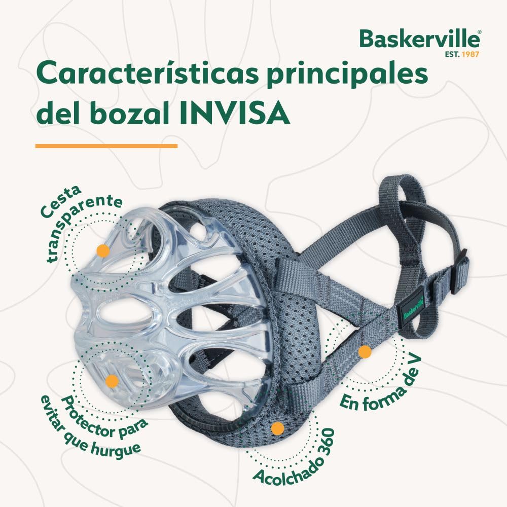 BOZAL BASKERVILLE INVISA - Diseño respetuoso patentado y seguro. Permite jadear y beber, ajustable y acolchado, adiestramiento para perros pequeños, impide morder y hurgar comida (Talla 1)