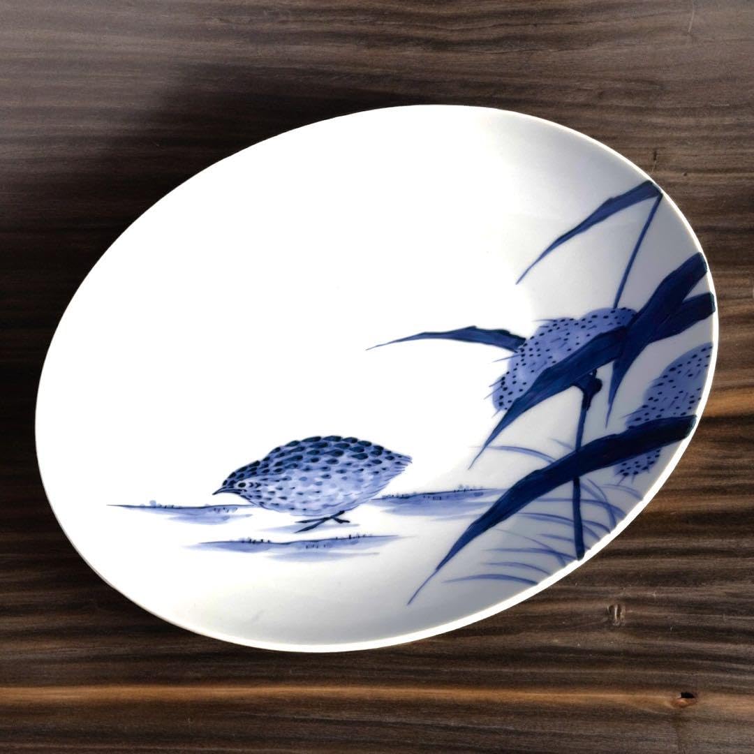 有田焼 - 古伊万里　古平戸　嘉泉窯　鶉に唐草花文飾り皿　25cm 明治〜大正時代　染付 e7f29399fcb0ae676e08a2837986ba