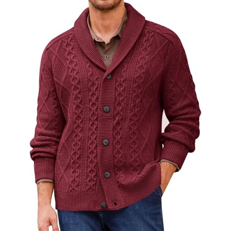 kacheeg Men's Cable Knit Shawl Collar Cardigan Sweater with Buttons for Autumn and Winter-picture-32