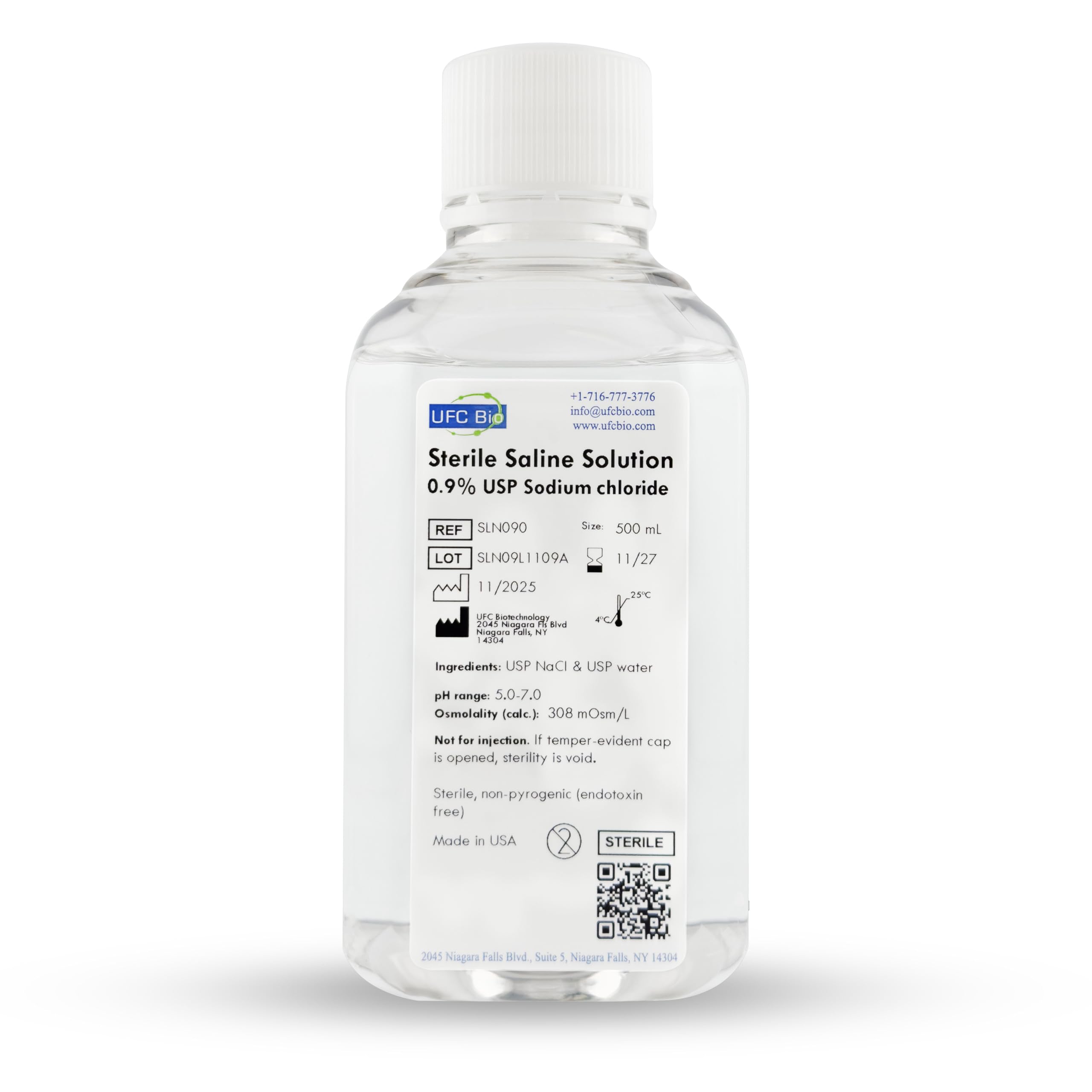 UFC Bio 0.9% Normal Saline Solution – Sterile USP Sodium Chloride for Wound Wash, Nasal Rinse & Lab Use - Made in USA - 500 mL