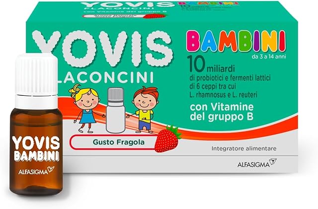YOVIS Bambini Flaconcini, Probiotici per il Benessere Intestinale con Vitamine B6 e B12, 10 Miliardi di Fermenti Lattici Vivi, indicato per Bambini dai 3 ai 14 anni, 10 Flaconcini, Gusto Fragola