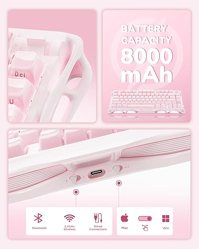 Miniatura 5 de GravaStar Mercury K1 75% Rosa Teclado Inalámbrico, Diseño de Exoesqueleto de Aleación de Aluminio, Teclado Mecánico para Juegos con Enchufe