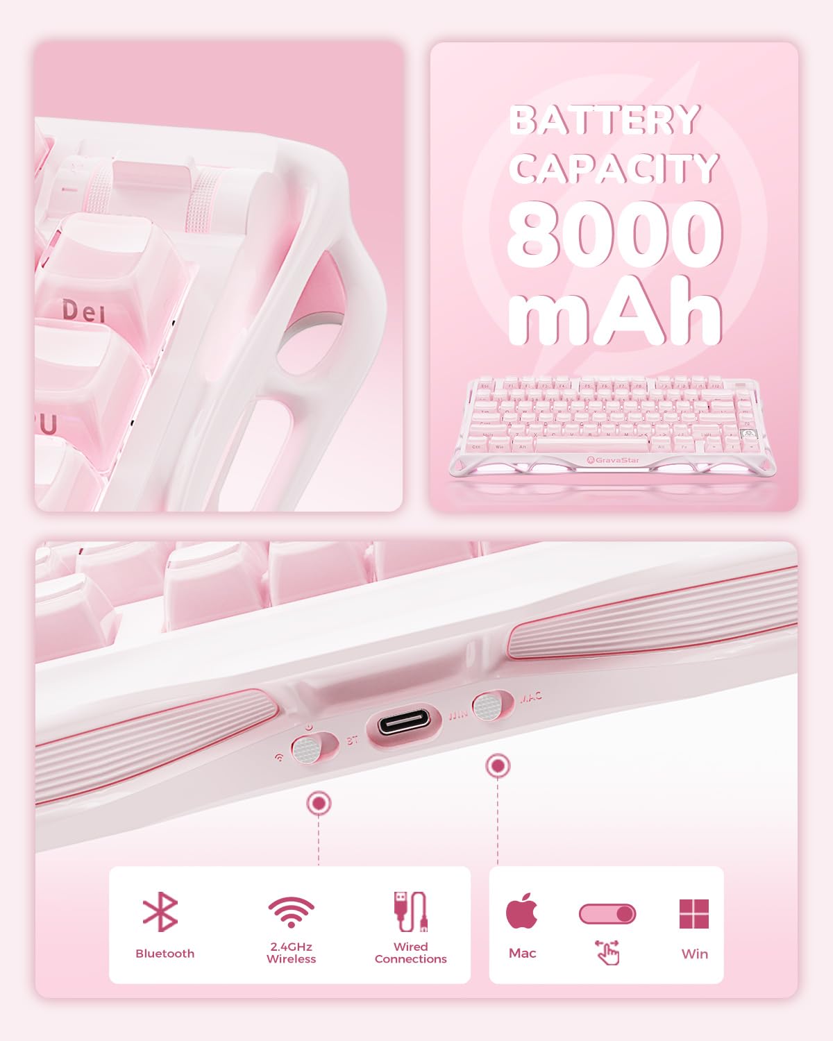 GravaStar Mercury K1 Mechanische Tastatur, 75% Wireless Gaming Tastatur, Hot Swap, Gasket, RGB Tri-Mode, PBT-Tastenkappen, 8000mAh, Aluminiumrahmen, Farbverlauf Rosa