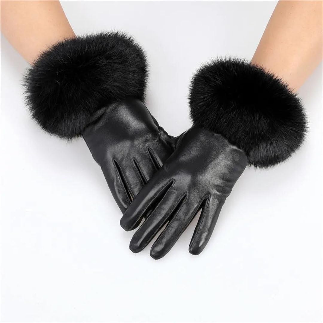 Guantes de cuero para mujer con puños de forro polar, guantes térmicos con forro polar para pantalla táctil, resistentes al viento, ciclismo, conducción, correr
