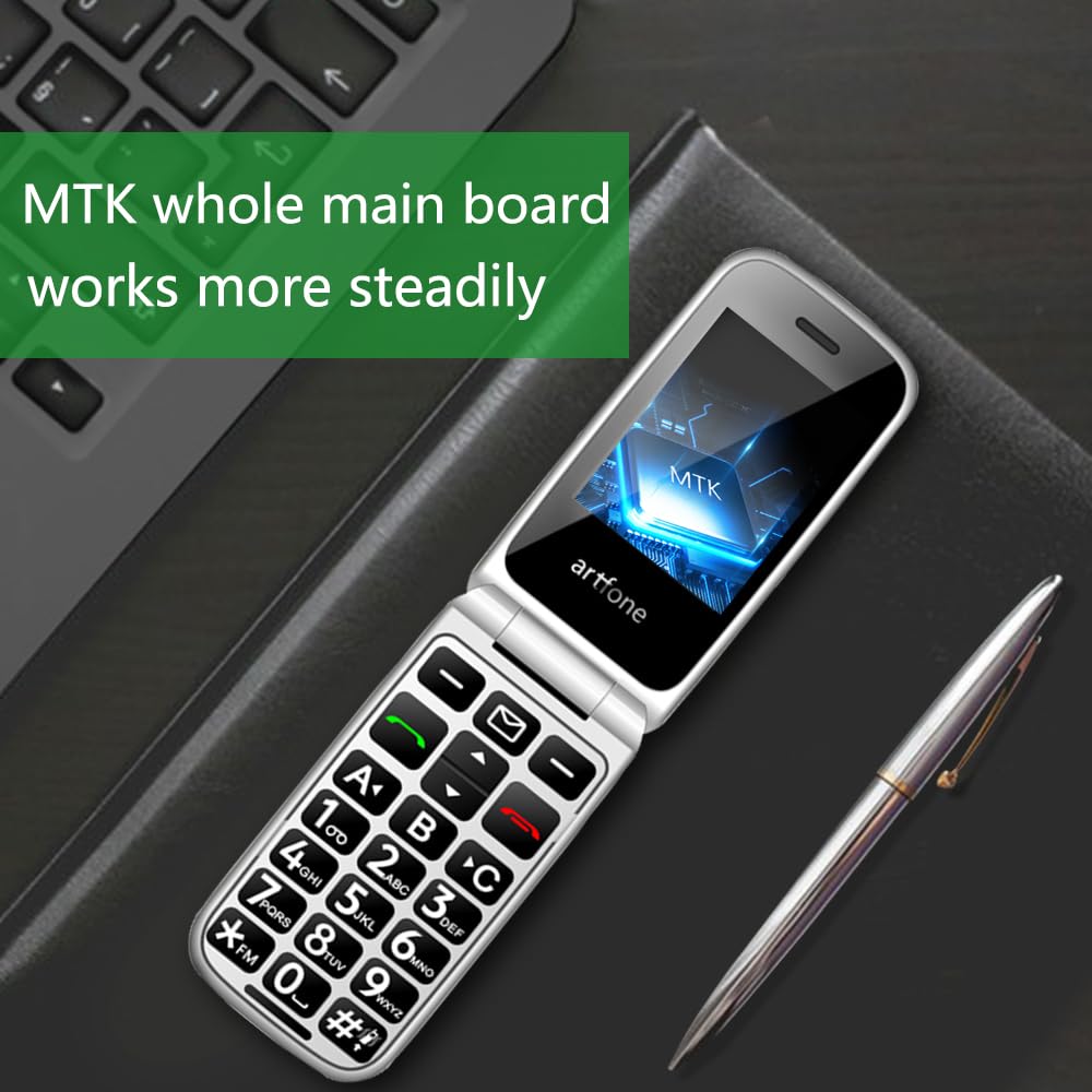 artfone F20 2G Dual-SIM entsperrtes Basis-Handy für Senioren丨SOS-Taste丨Kurzwahl丨Big Button Senior Flip Phone丨USB-C丨Ladestation丨FM-Radio丨Taschenlampe丨Kurzwahl丨1300 mAh Akku - Schwarz