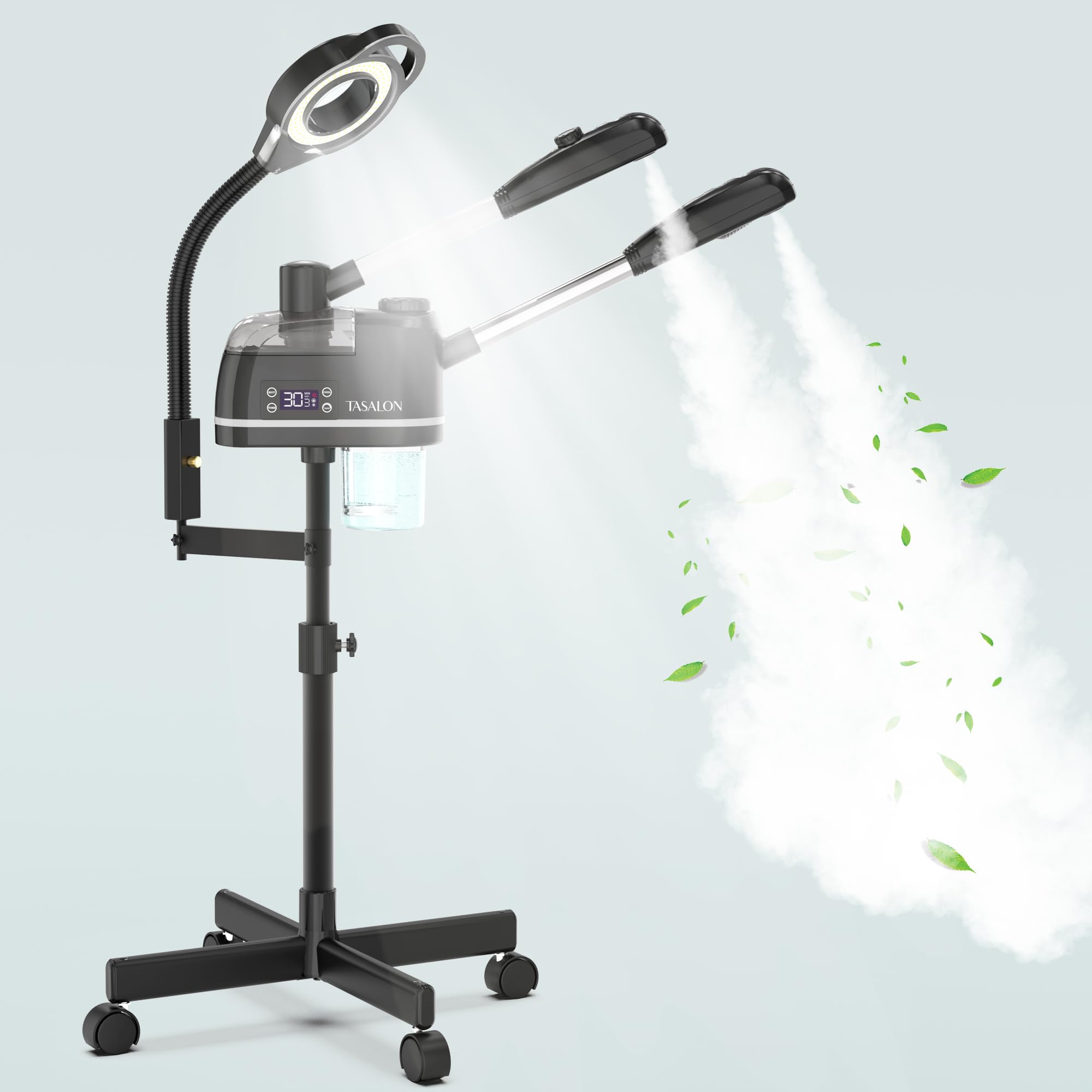 TASALON New Upgrade 3 in 1 Professional Facial Steamer on Wheels - with 5X Magnifying Lamp Ozone and Hot & Cold Mist, Ionic Facial Steamer Kit for Facial Deep Cleaning and Moisturize,SPA & Home-Black