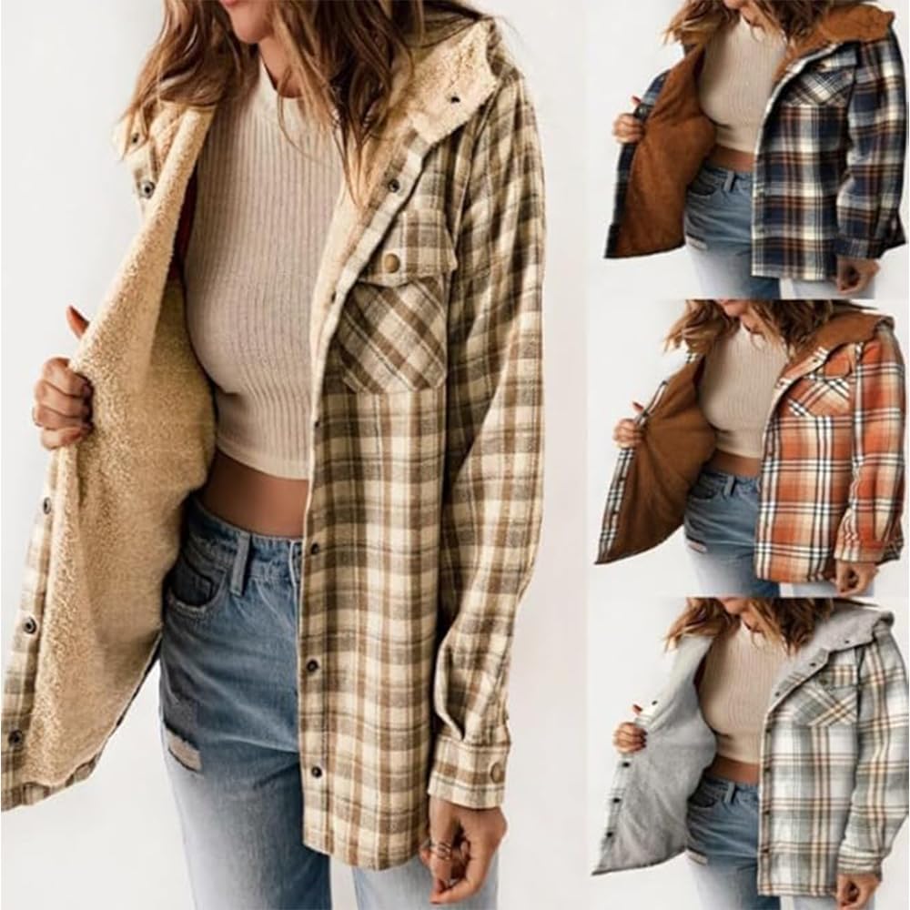 Abrigo Con Capucha Y Botones En La Parte Delantera Con Estampado A Cuadros Exclusivo Para Mujer 2024, Chaqueta Con Capucha A Cuadros Para Mujer, Chaquetas Con Capucha A Cuadros