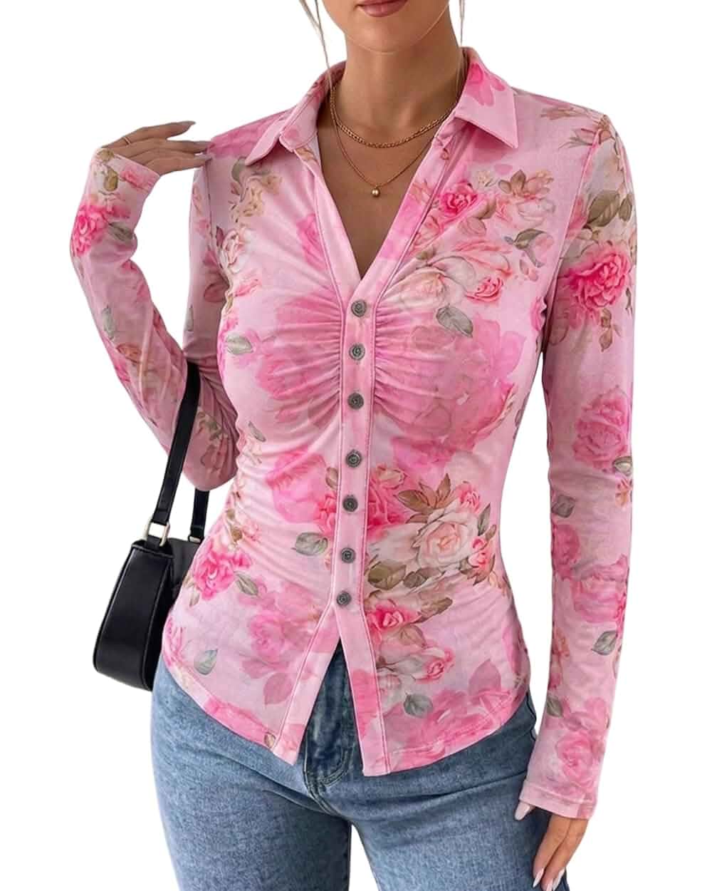 CHICME Mesh Button Down Shirts for Women Floral Boho Blouses Long Sleeve Shirts for Women, Lightweight Stretchy, Collared Shirts, Ruched Fitted Top, Going Out Tops, Fashion Clothing