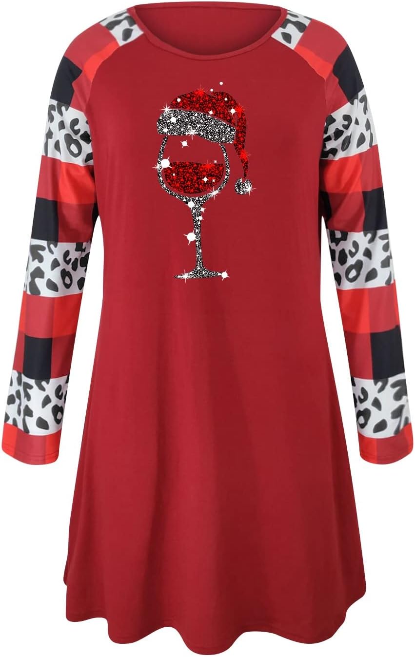 JJHAEVDY Women's Christmas Print Long Sleeve Lace Hem T-Shirt Loose Dress Plus Size Swing Dress : Sports & Outdoors