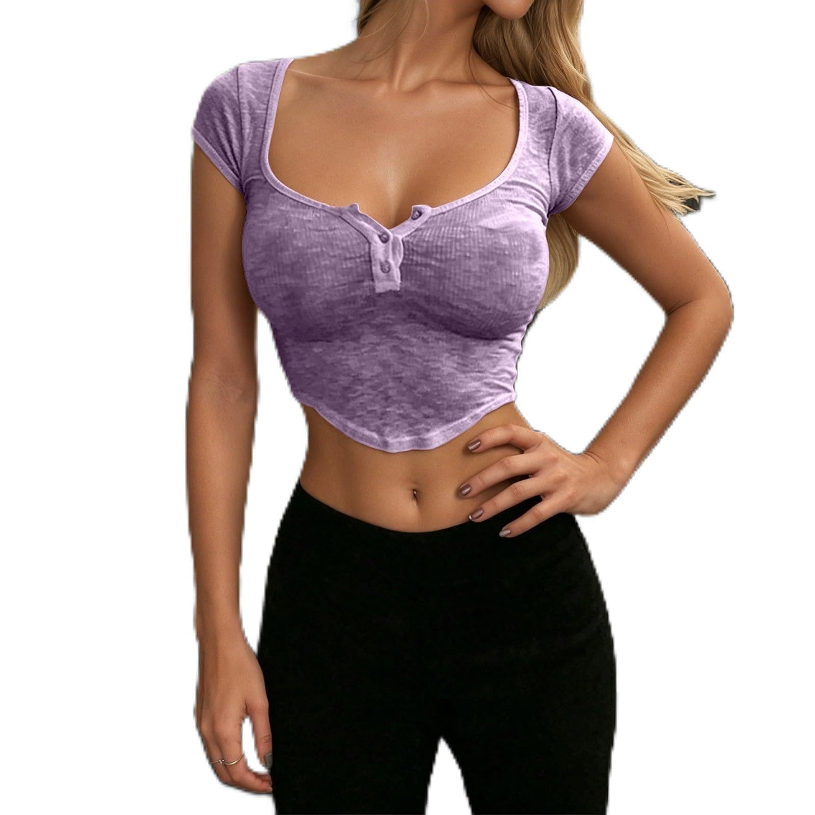 Camisa de lino para mujer Y2K Slim Fit acanalada cuello en V camiseta de manga larga con botones Casual Camiseta interior Slim Fit Blusa Streetwear manga corta Crop Top