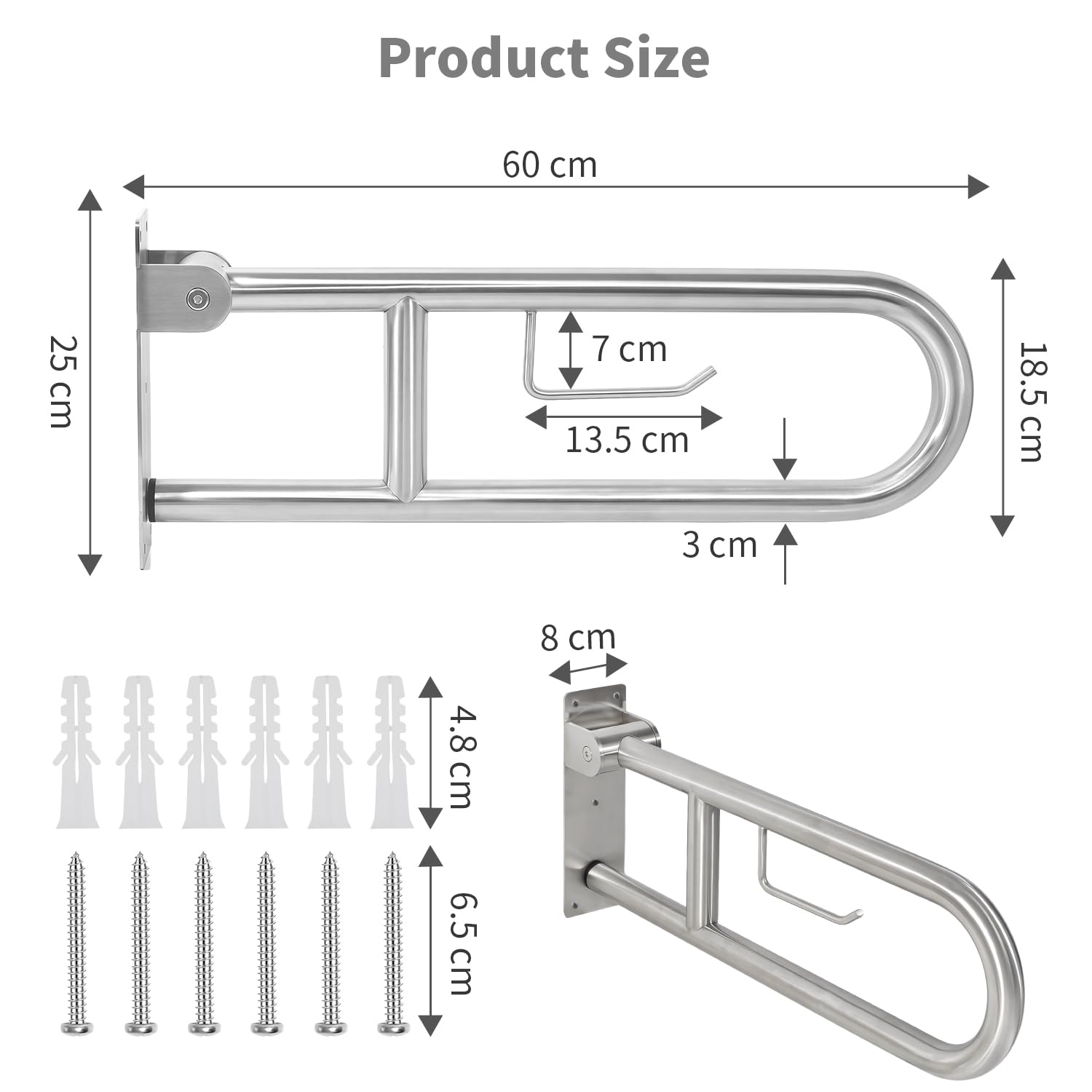 Maniglione Bagno Disabili 60 cm con Portarotolo, Maniglia Doccia Anziani in Acciaio Inox, per Anziani, Disabili, Supporta 300-350kg