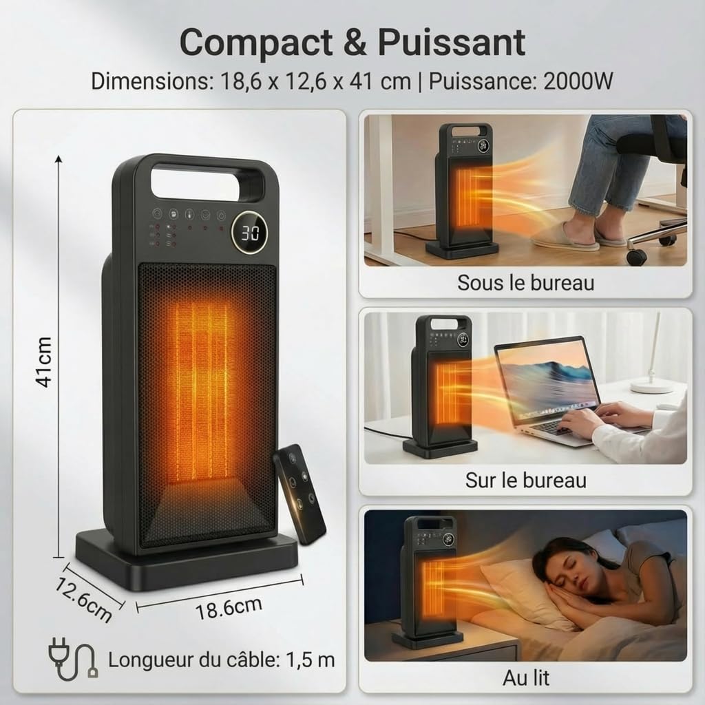 Radiateur soufflant céramique 2000W à économie d'énergie, chauffage électrique avec télécommande et minuterie, appareil de chauffage électrique, protection contre la surchauffe (2000D)