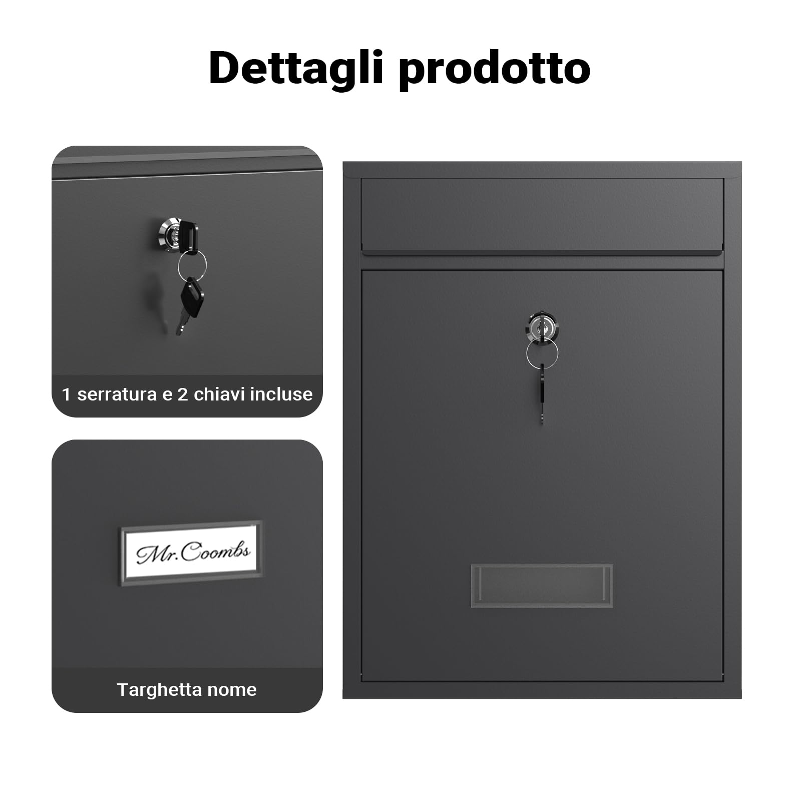 Wiltec Cassetta postale singola V10, verniciatura a polvere antracite, con vetrino portanome