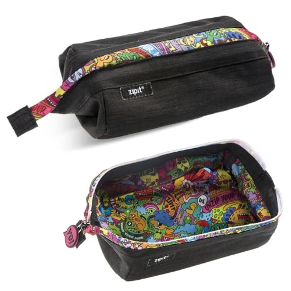 ZIPIT Lenny Pencil Case, Large Capacity Zipper Pouch for School, Stationery Bag for Teen Girls Boys and Adults, Black