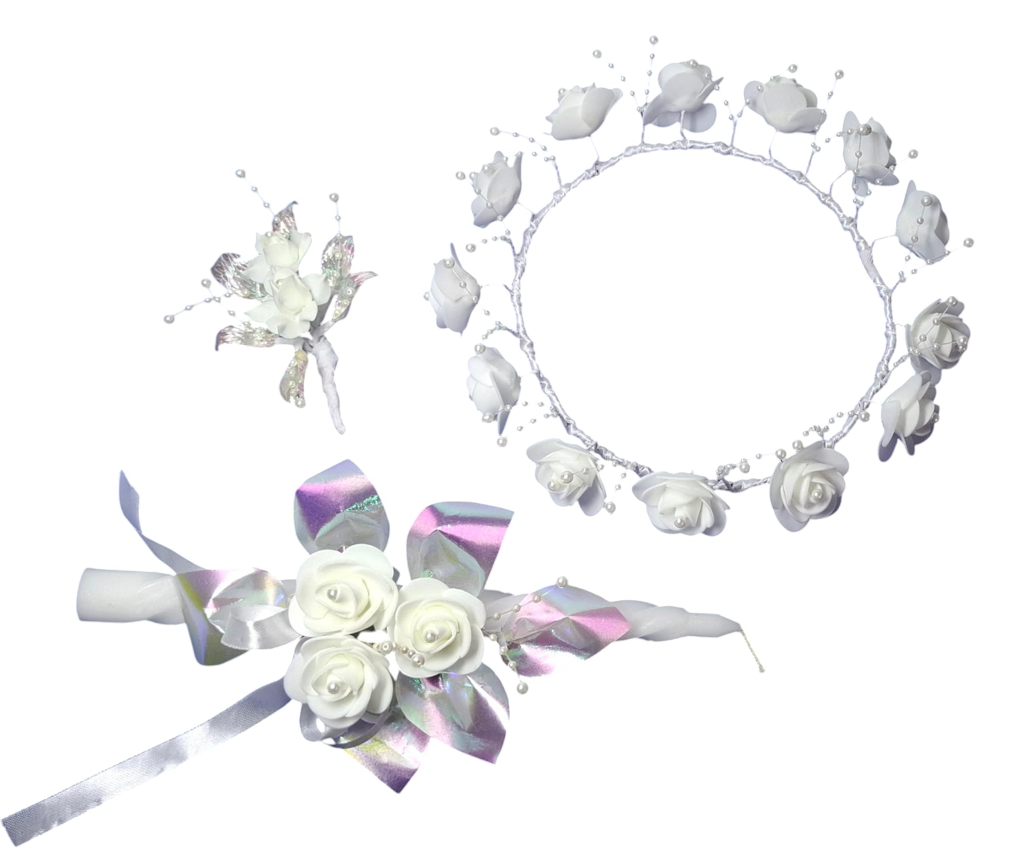 First holy communion set of 3 accessories Set with White Crown, Pocket flower and Decorated candle of 1 feet.