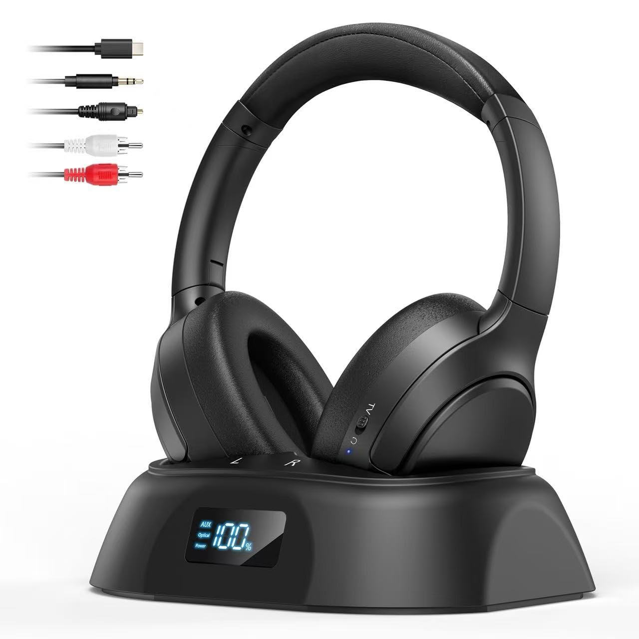 Doohoeek Kabellose TV Kopfhörer Bluetooth 6.0, Over-Ear Funkkopfhörer mit Ladestation&Digital Display, Plug&Play, 60H Akku Laufzeit, Klappbar Headset für Fernseher(Optisch, AUX, RCA Kompatibel)