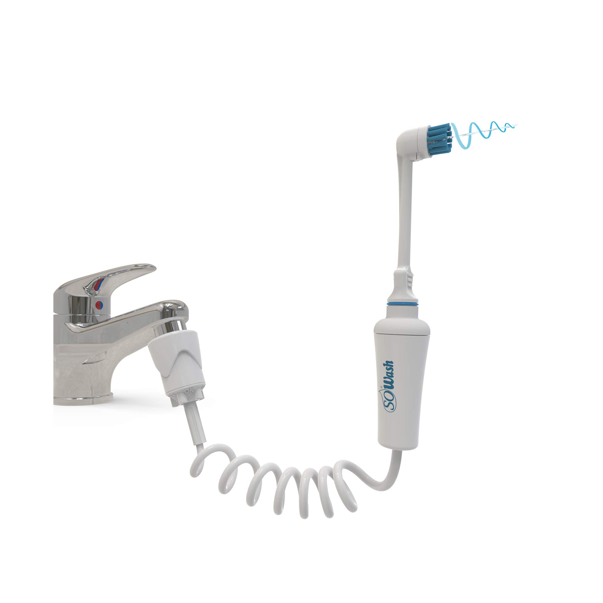 Idropulsore Dentale SoWash Brush 2 in 1 | Vortice Brush | Si Collega al Rubinetto | Irrigatore Dentale Senza Batterie e Elettricità | Testina Vortice con setole 3 Getti Convergenti | Prodotto Italiano