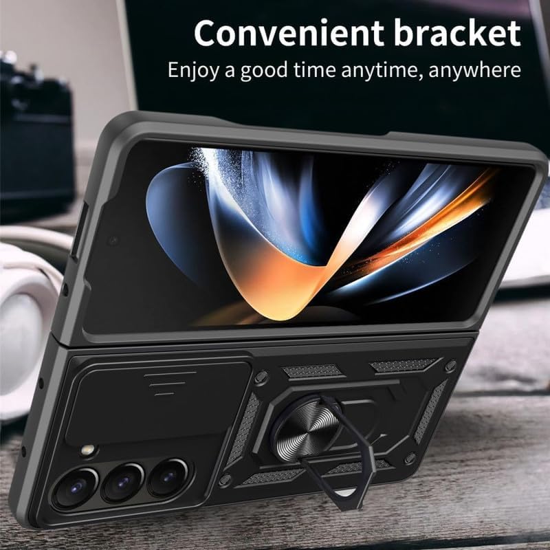 Image of Tough Armor Back Cover for Samsung Galaxy Z Fold 4 5G Bumper Back Case | Ring Holder & Sliding Camera Shield Cover | 360 Degree Protection Back Case Cover (Black)