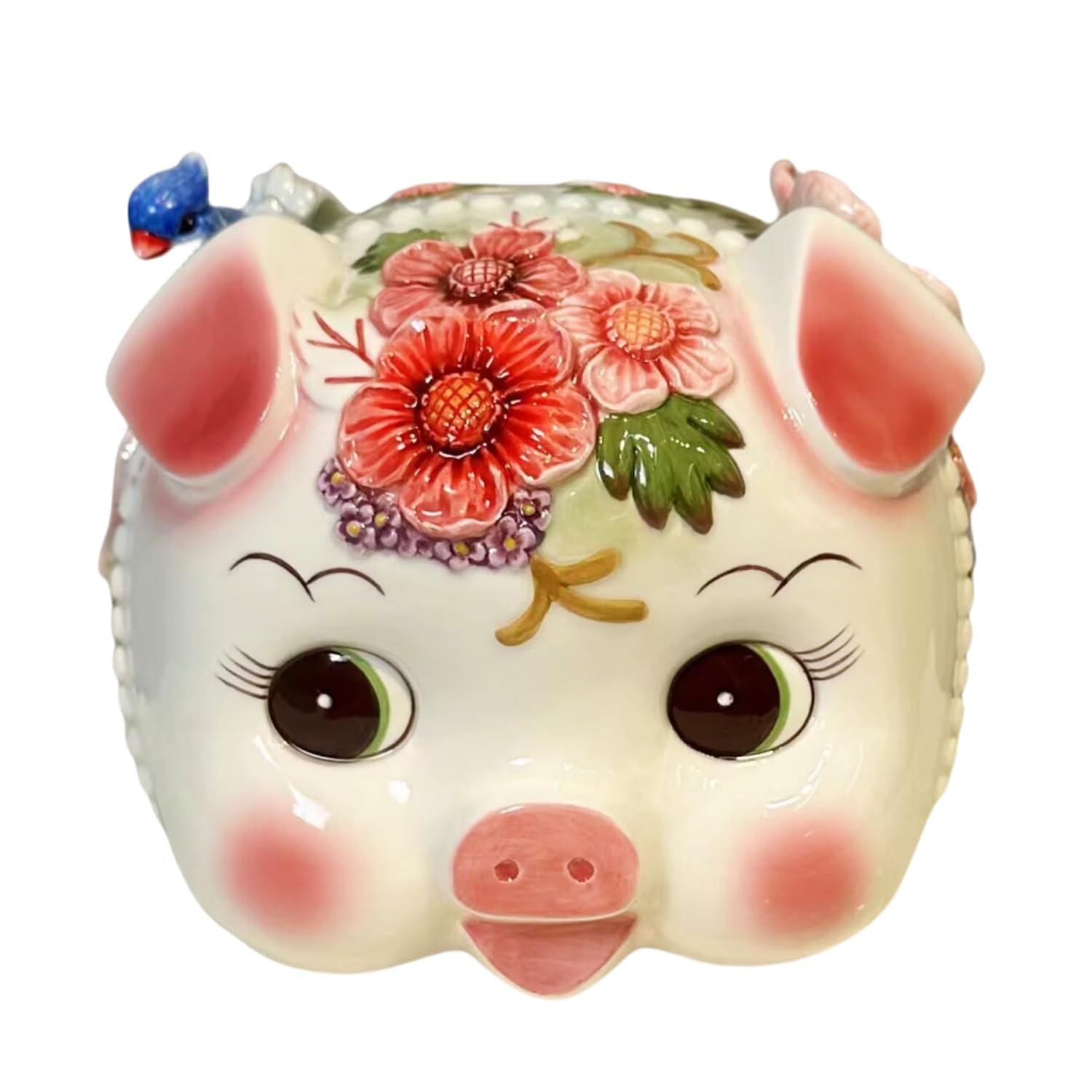 FORLONG Ceramic Large Piggy Bank，Coin Bank，Money Box，3D Hand-Painted Pink Rhododendron and Magpie Bird Design (10.2" L)